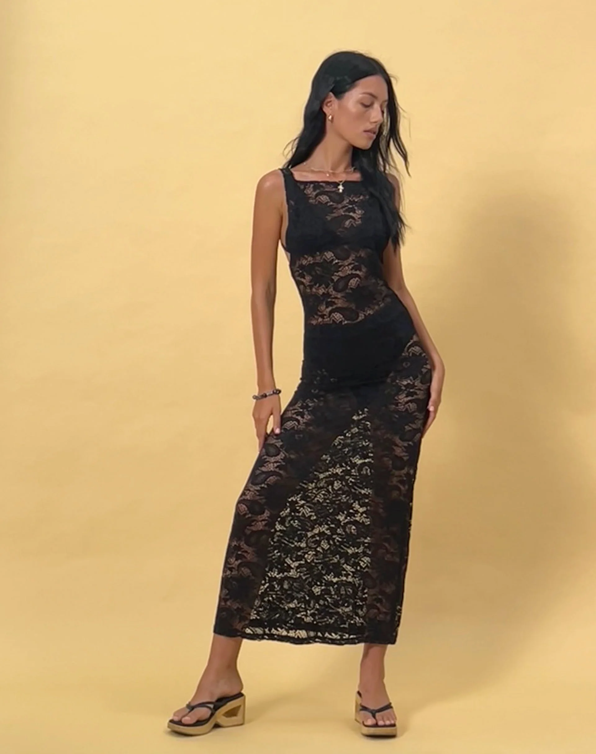 Daudy Tie Back Lace Maxi Dress in Jet Black Lace - Image 5