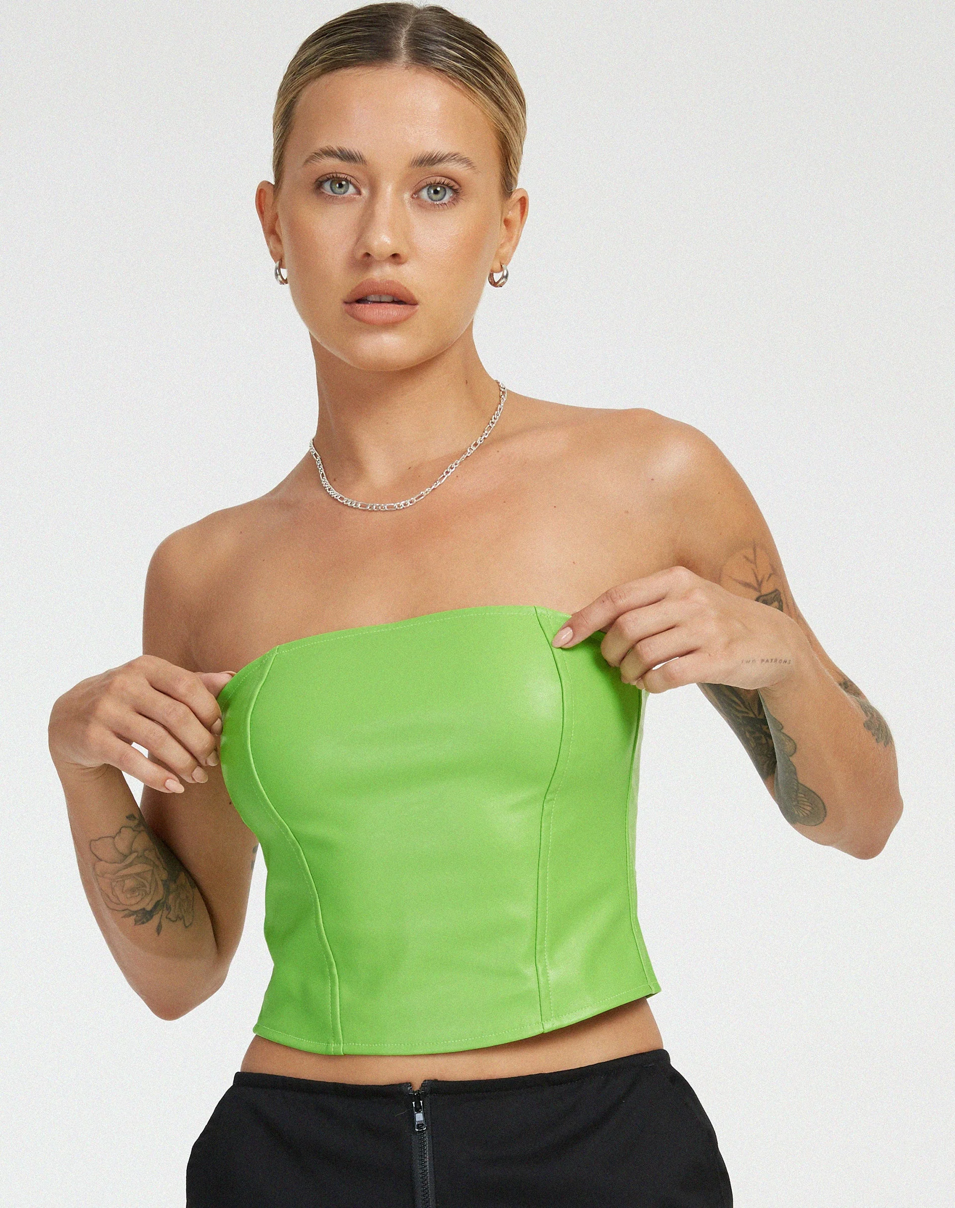 Dena Corset Top in PU Neon Green - Image 2