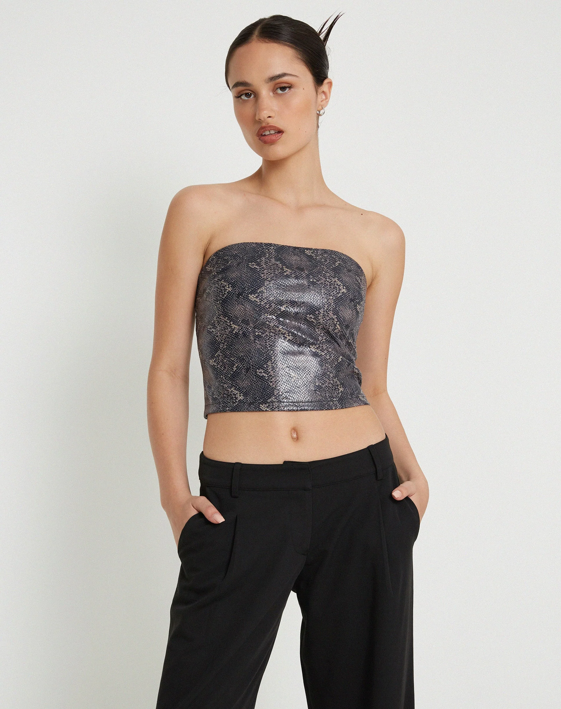 Dena bandeau Top in PU Snake Skin Tan - Image 3