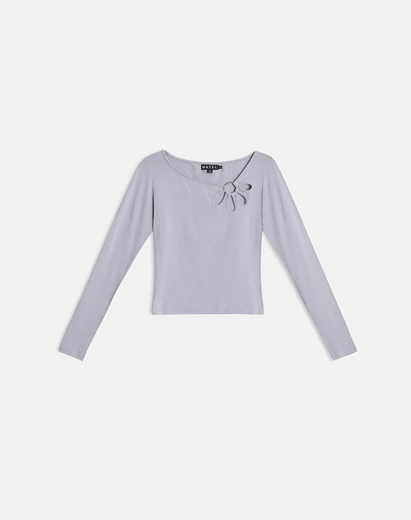 Donela Long Sleeve Top with Flower Ring in Lilac Grey - Image 2