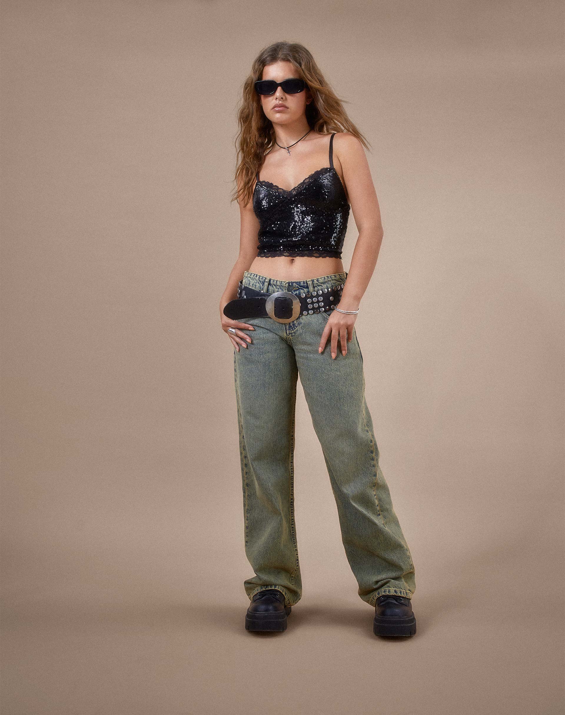 Urban X Motel Drilly Crop Top in Black Mini Sequin - Image 2