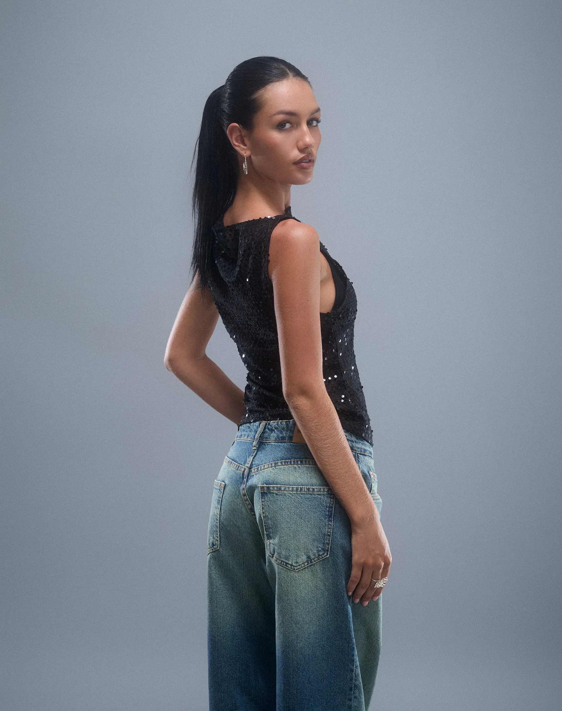 Dudley Vest Top in Sequin Knit Black - Image 5