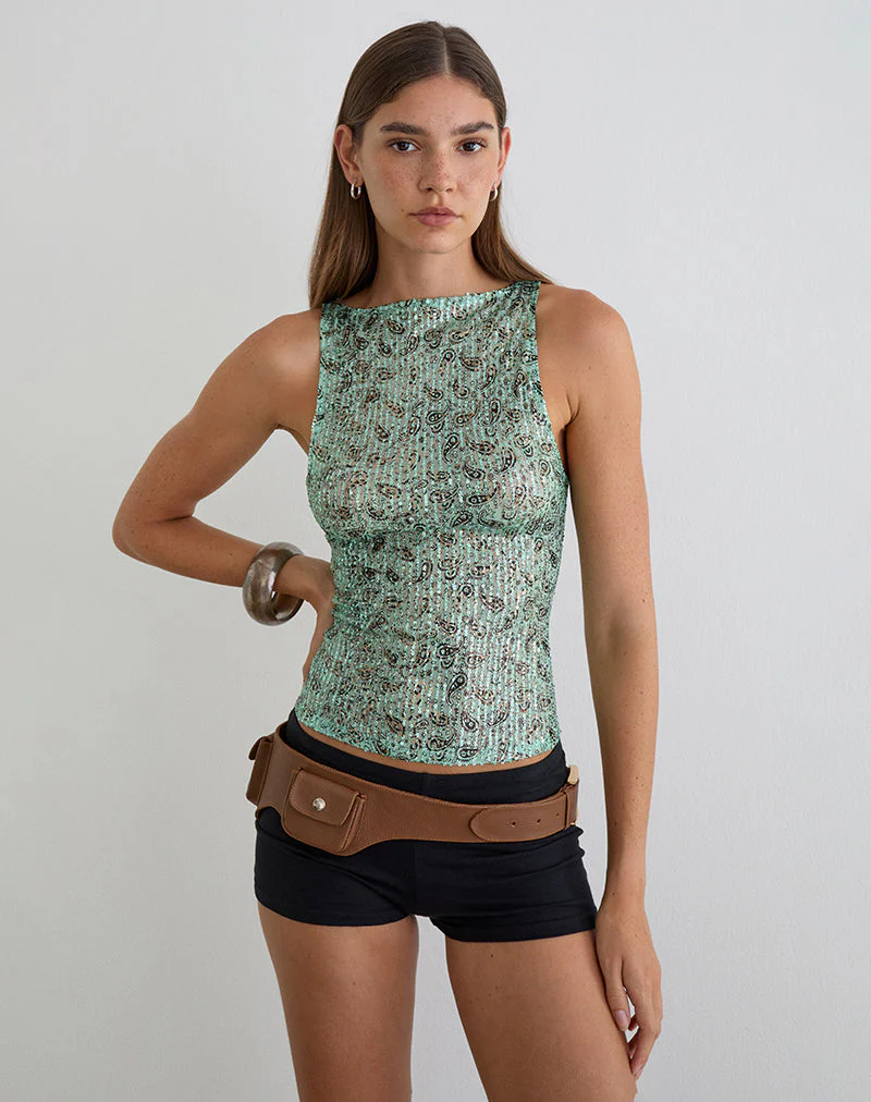 Dudley Vest Top in Paisley Sequin Teal - Image 4