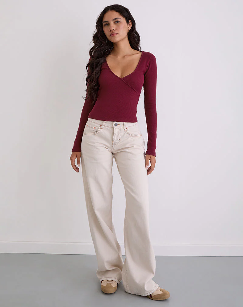 Dulcet Ribbed Plunge Long Sleeve Top in Burgundy - Image 2