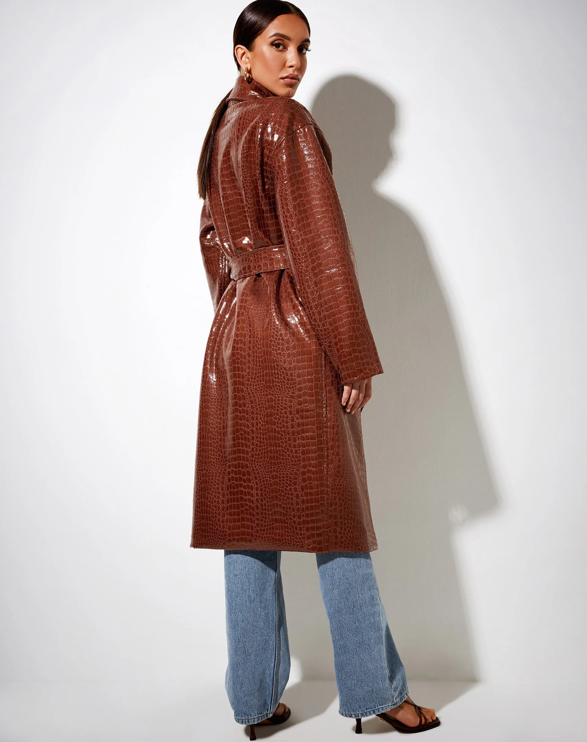 Duster Longline Coat in Croc Pu Brown - Image 5