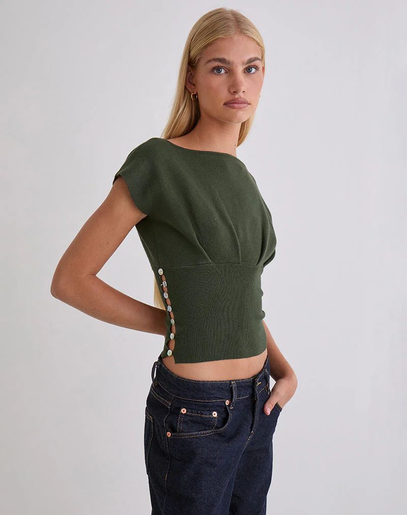 Elin Top in Knit Khaki with Pearl Buttons