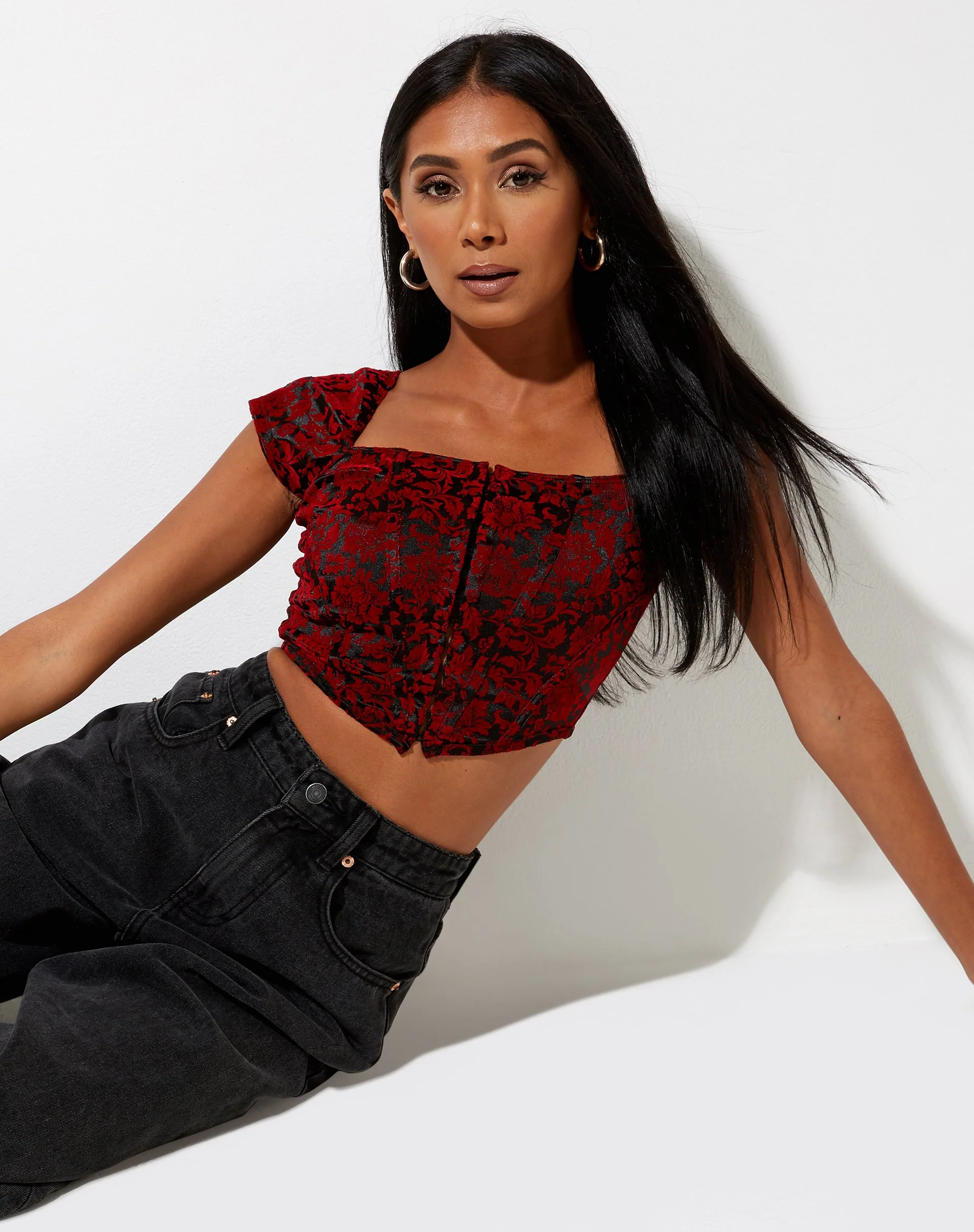 Elis Crop Top in Brocade Flower Black and Red - Image 4
