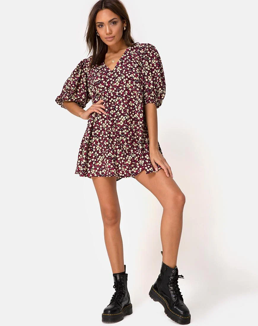 Elna Babydoll Dress in Floral Field Plum - Image 3