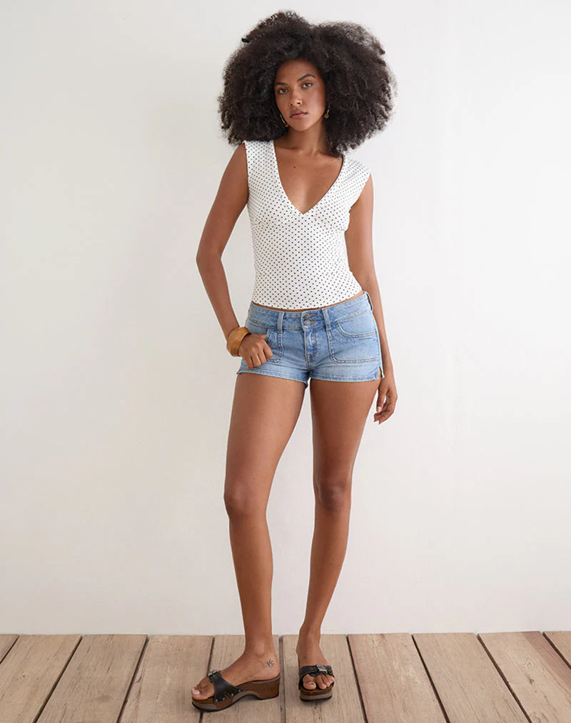 Emberly Plunge Top in White with Micro Polka Black - Image 4