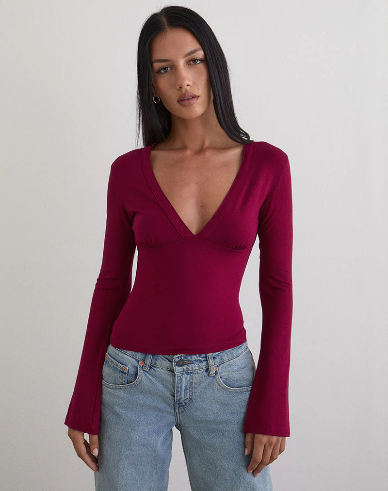 Emesy Long Sleeve Top in Burgundy - Image 3
