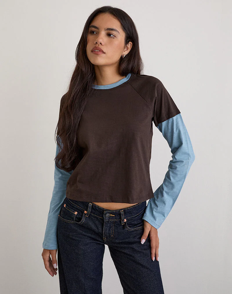 Enid Layered T-Shirt in Chocolate Brown and Light Blue - Image 4