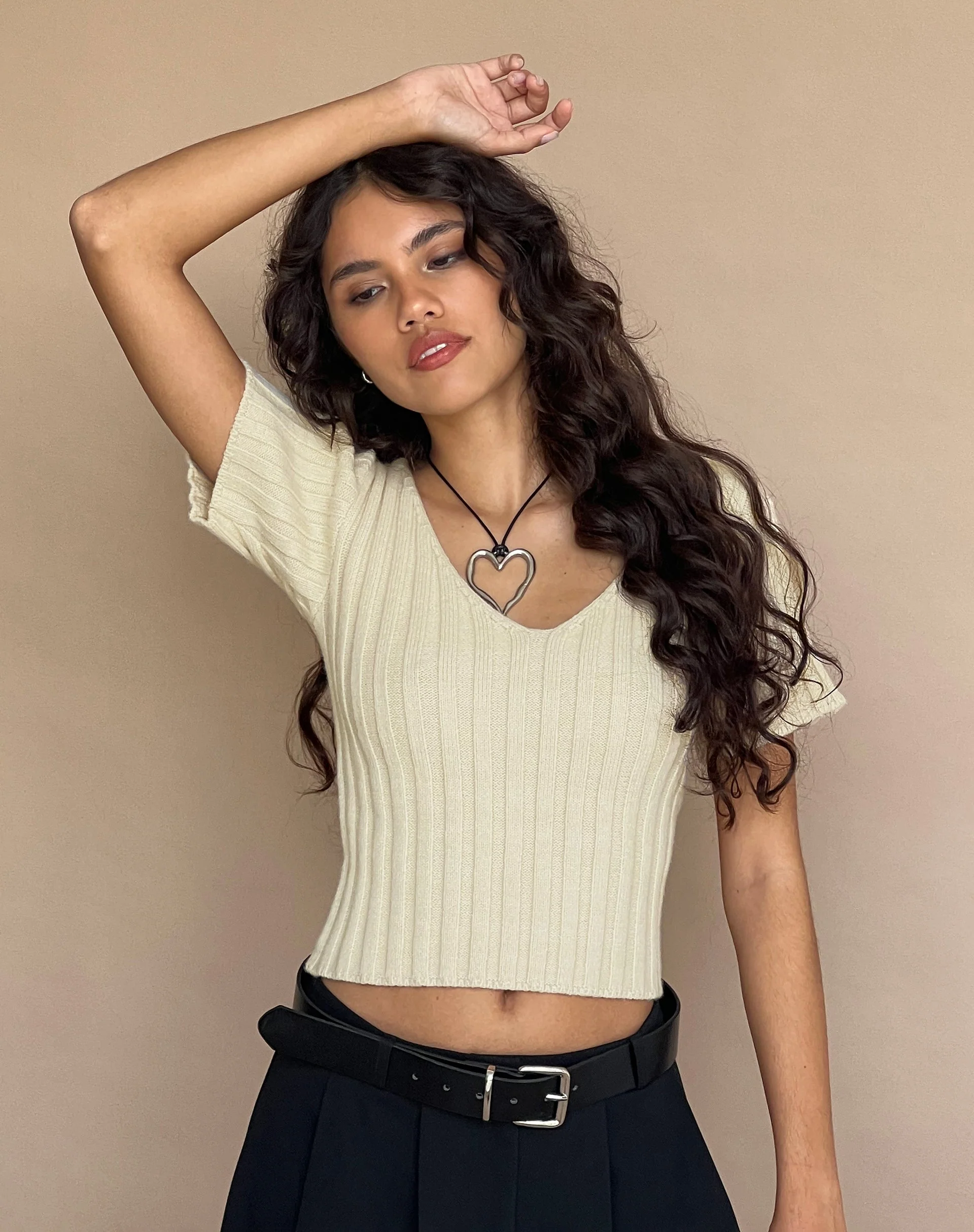 Estella Short Sleeve Knitted Top in Natural Oat - Image 3