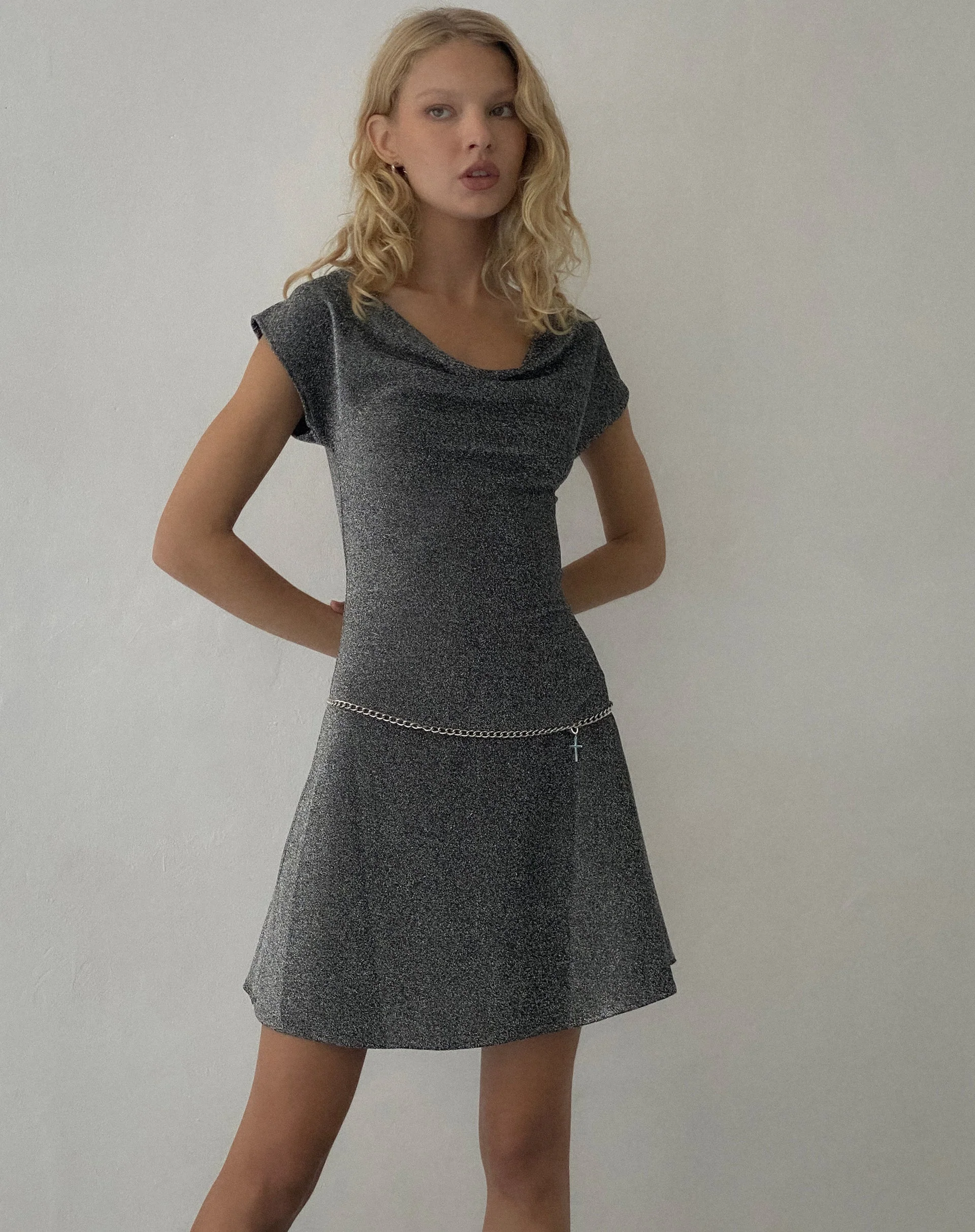 Estrella Cowl Neck Mini Dress in Black Shimmer - Image 2
