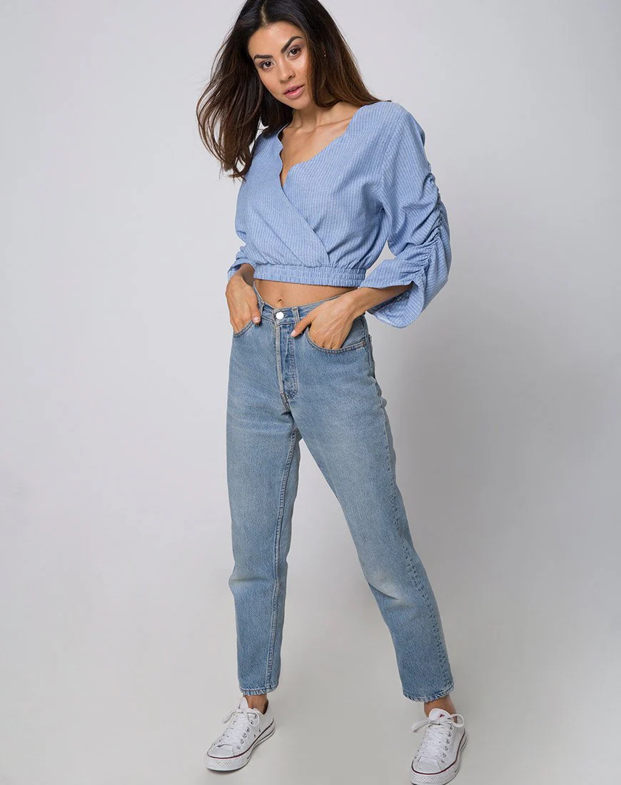 Evrilia Wrap Around Blouse in Stripe Blue - Image 3