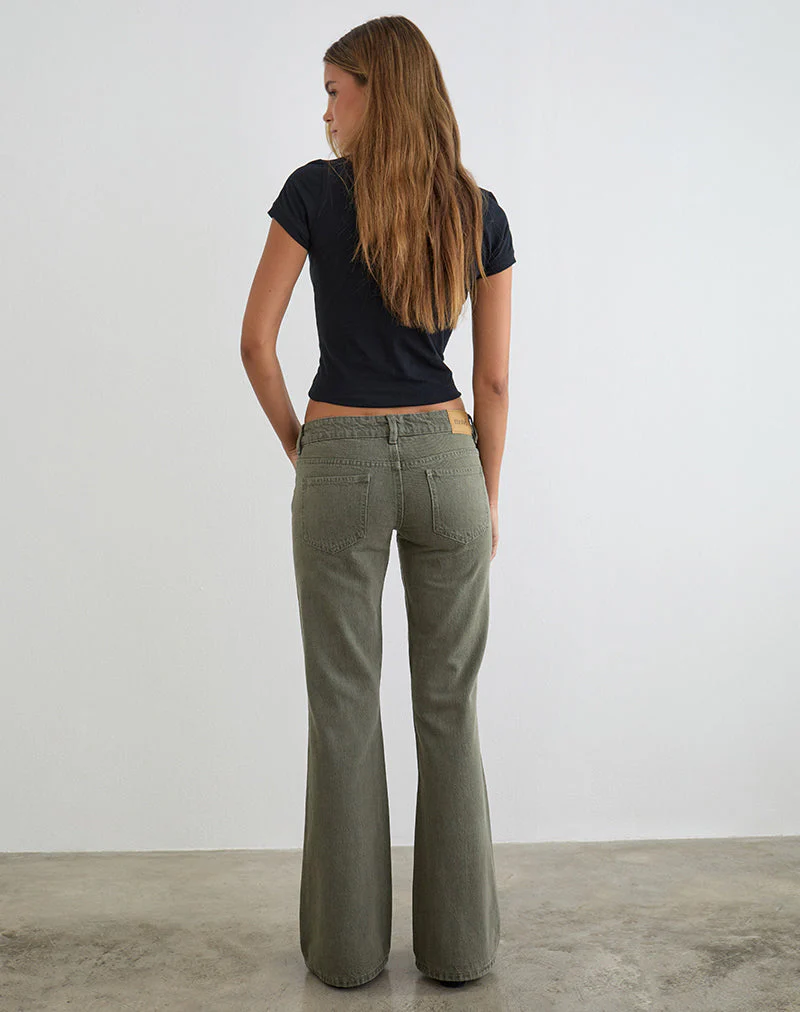 Extra Low Rise Flare Jeans in Olive - Image 4