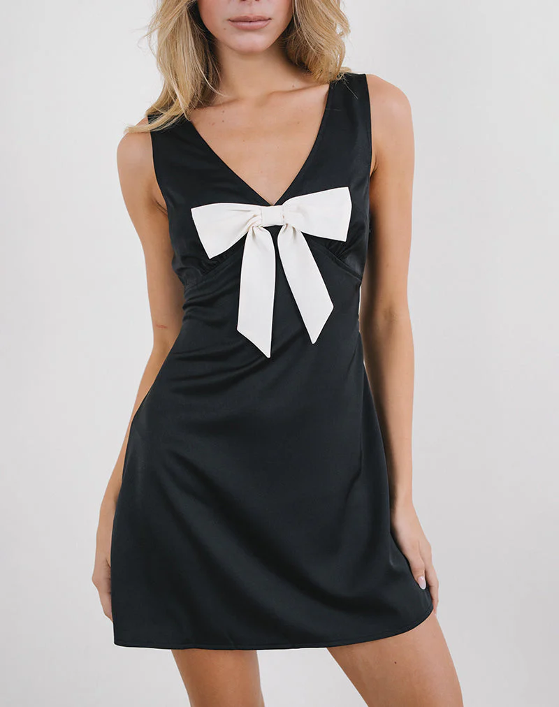 Faradiba Mini Dress in Satin Black with Ivory Bow - Image 2