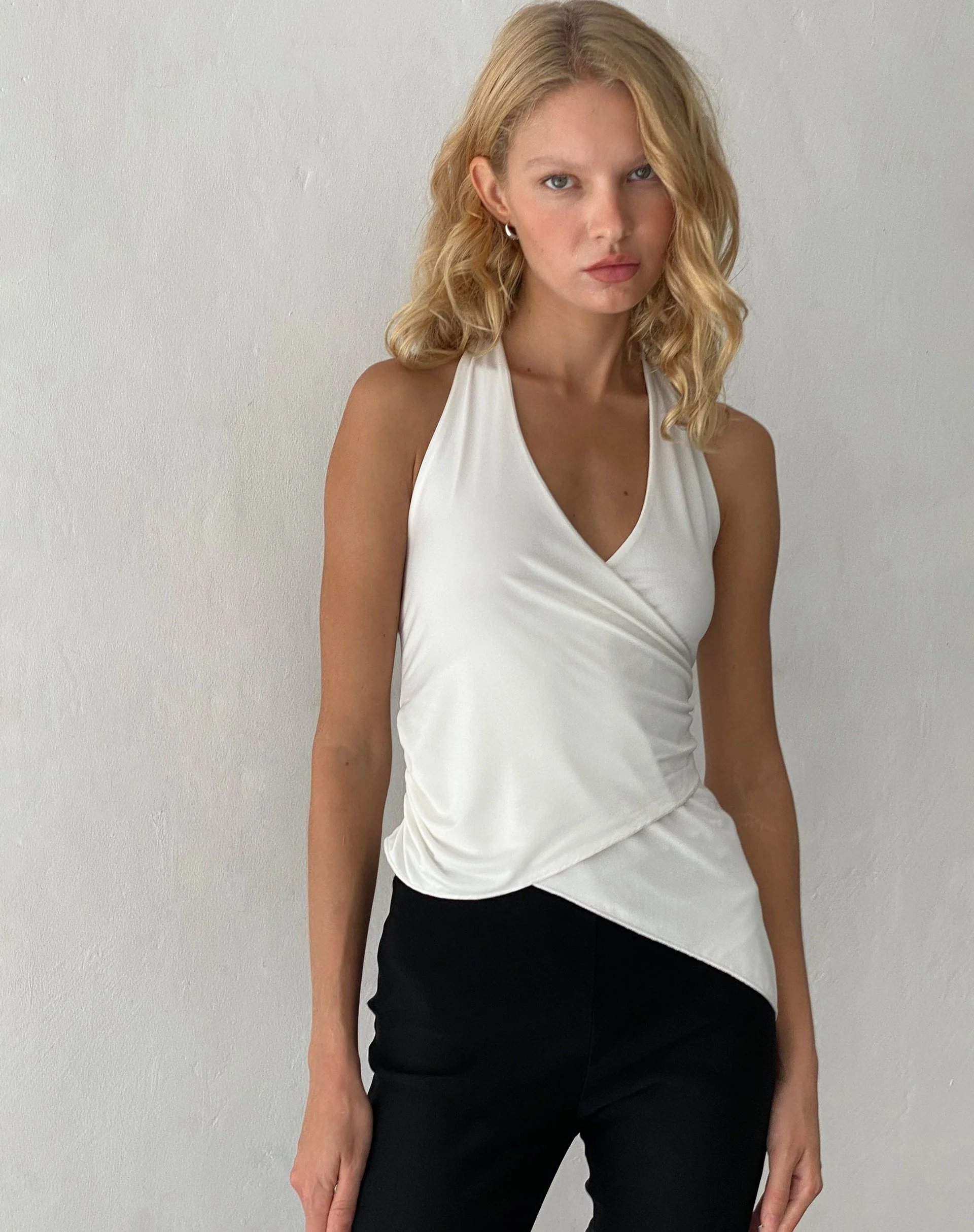Farah Halter Asymmetric Plunge Top in Ivory - Image 3