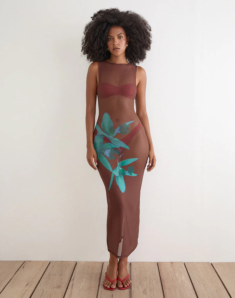 Fay Midi Dress in Brown with Blue Desert Rose - Image 5