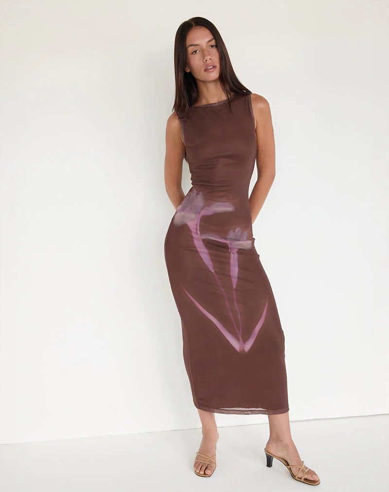 Fayola Maxi Dress in Blurred Floral Print Brown - Image 3