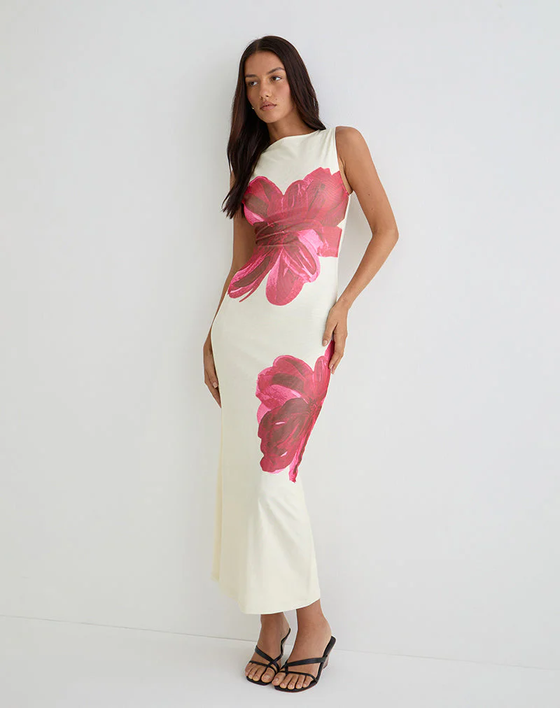 Fayola Printed Maxi Dress in Cream with Red Watercolour Flower - Image 2