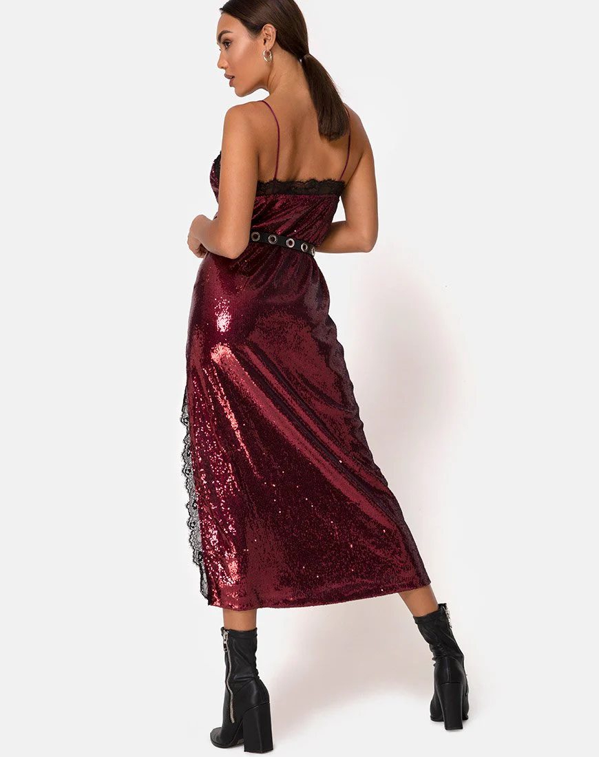 Fitilia Dress in Burgundy Mini Sequin with Black Lace - Image 4