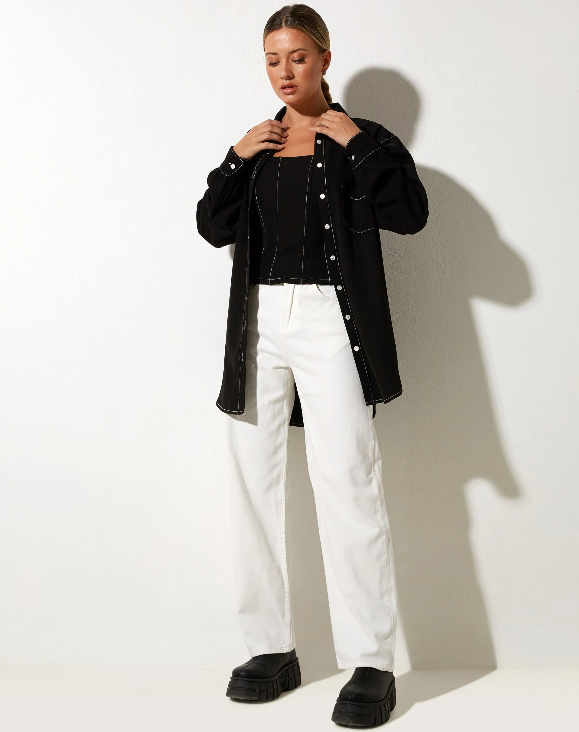 Gane Shirt in Black with White Stitch - Image 3