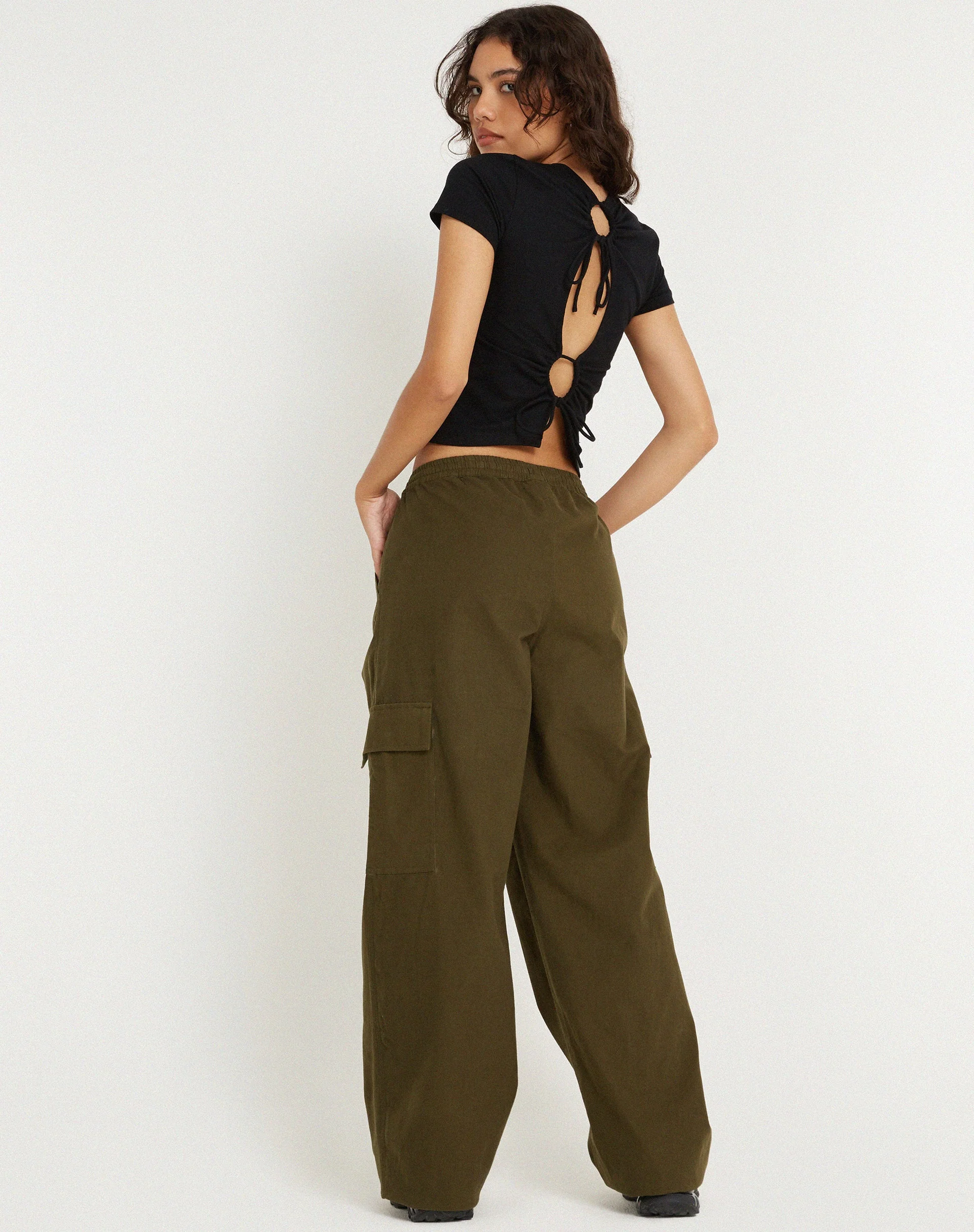 Geona Wide Leg Cargo Trouser in Dark Olive - Image 3