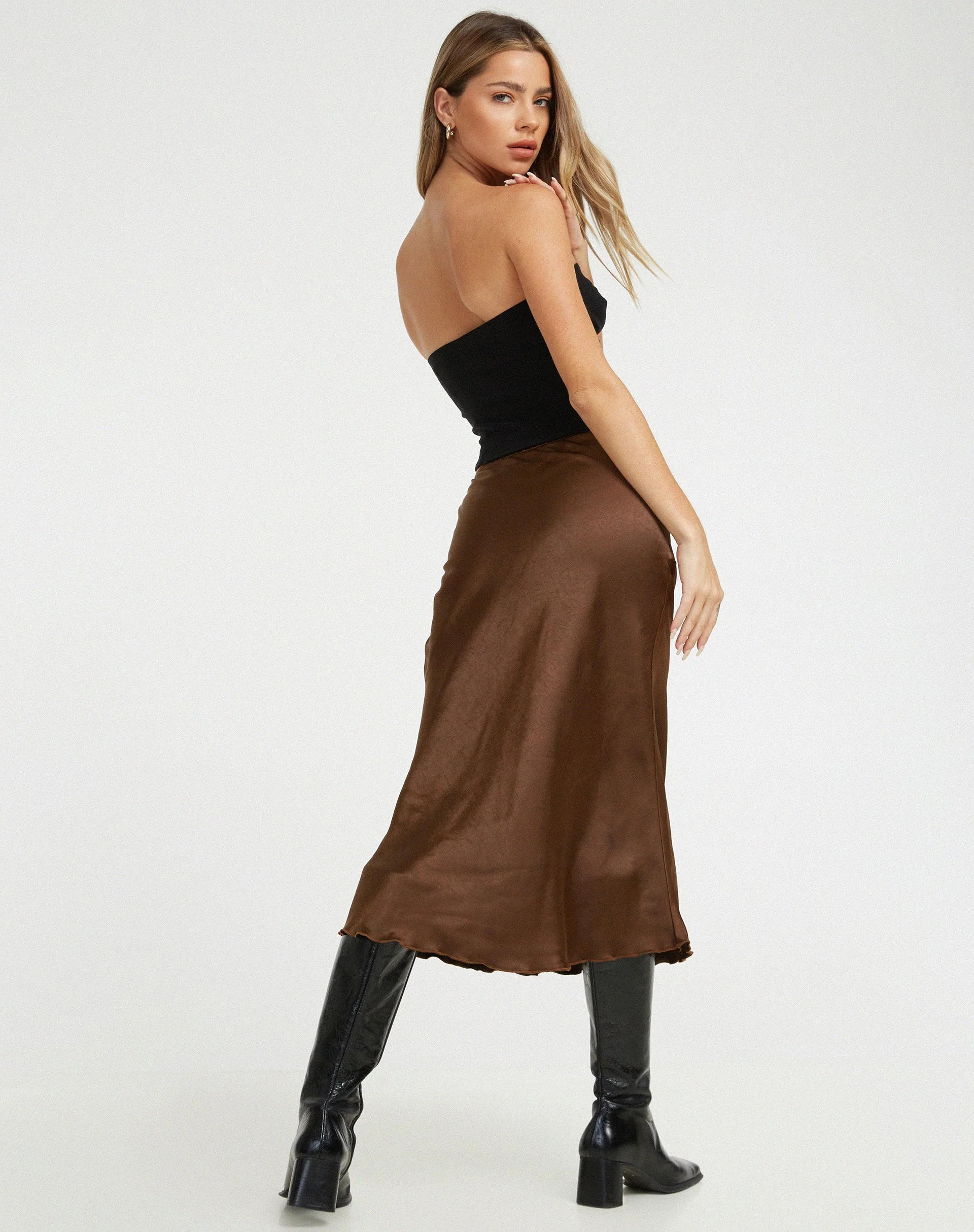 Goya Midi Skirt in Satin Bitter Chocolate - Image 2