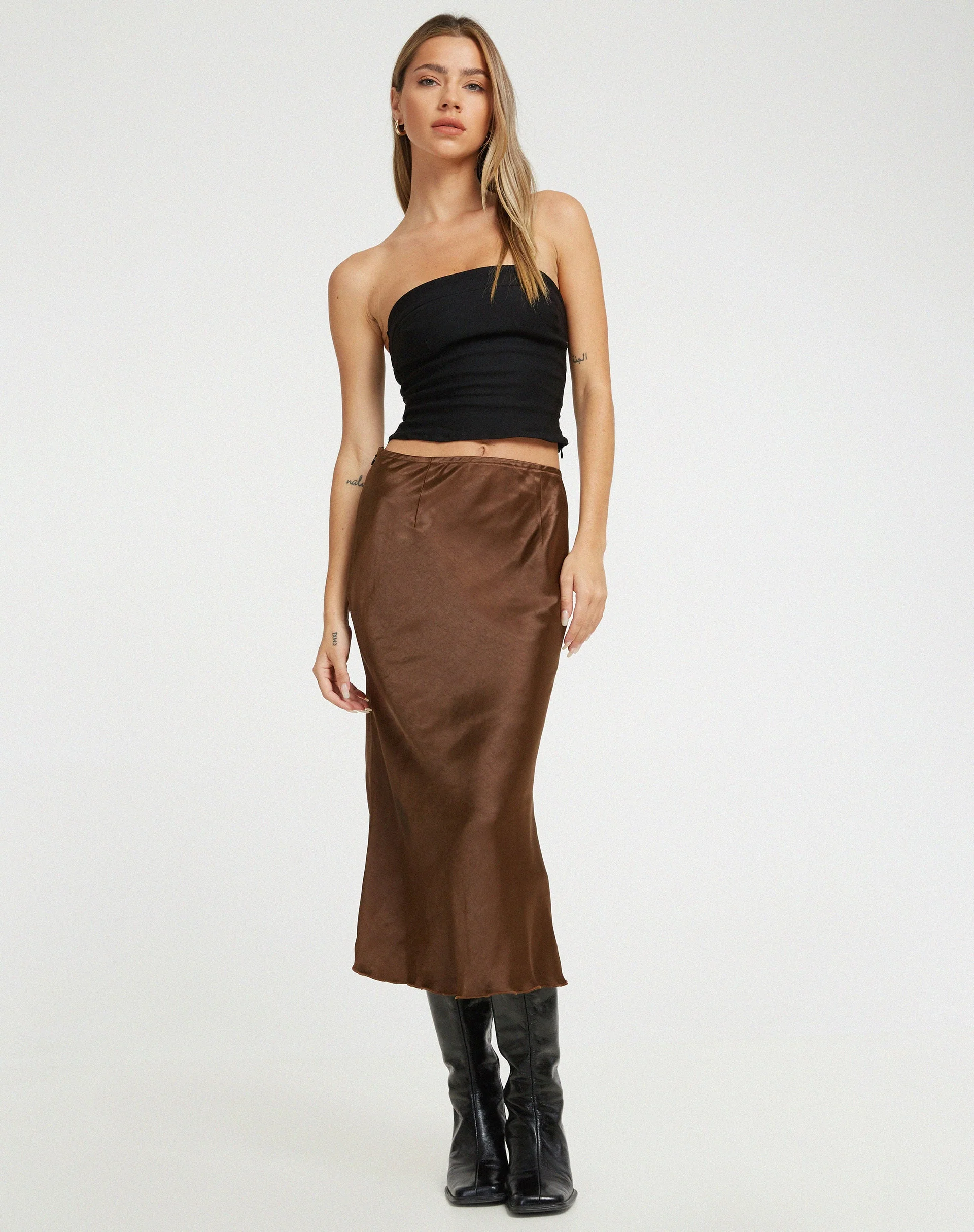 Goya Midi Skirt in Satin Bitter Chocolate - Image 3