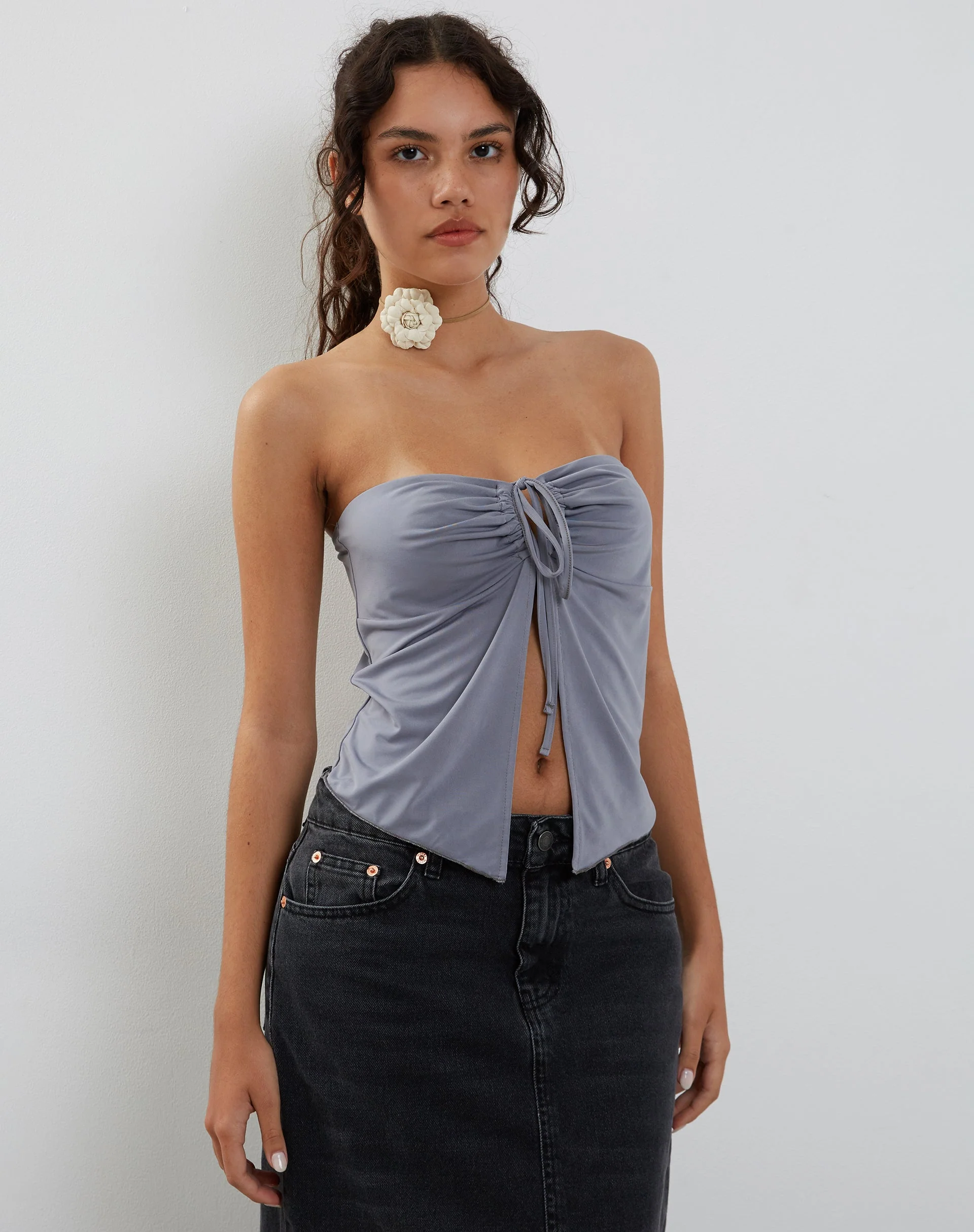 Greta Tie Front Bandeau Top in Grey - Image 3
