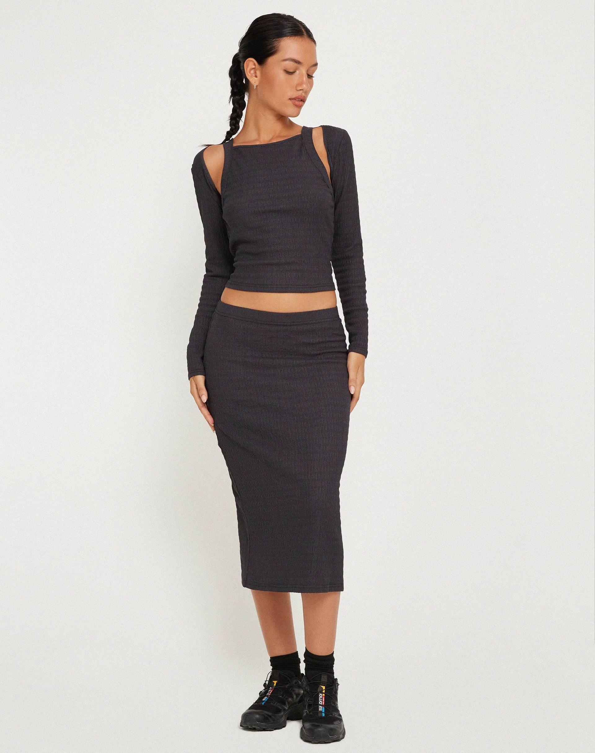 Hadley Midi Skirt in Crinkle Charcoal