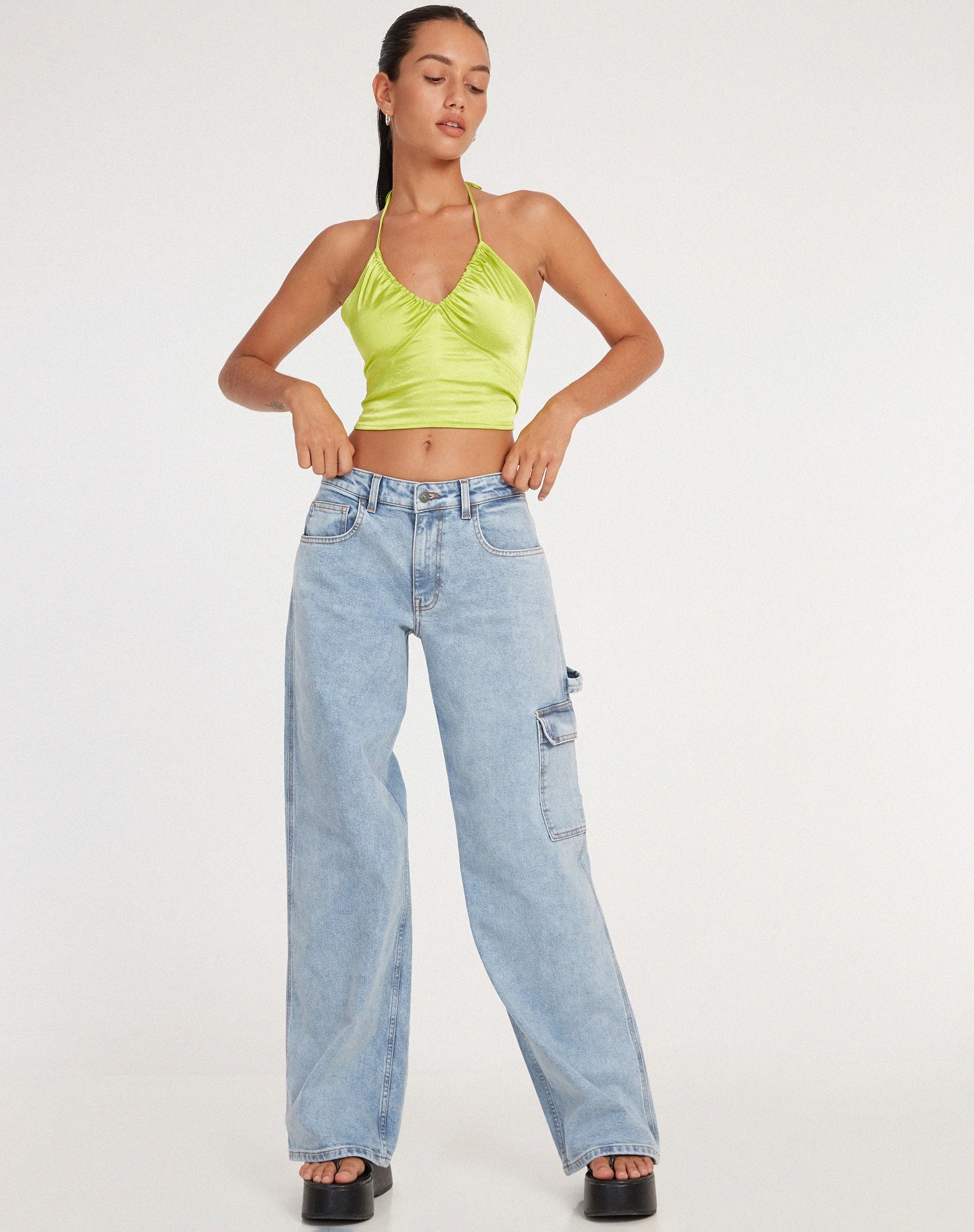 Haltri Crop Top in Satin Lime Green - Image 3