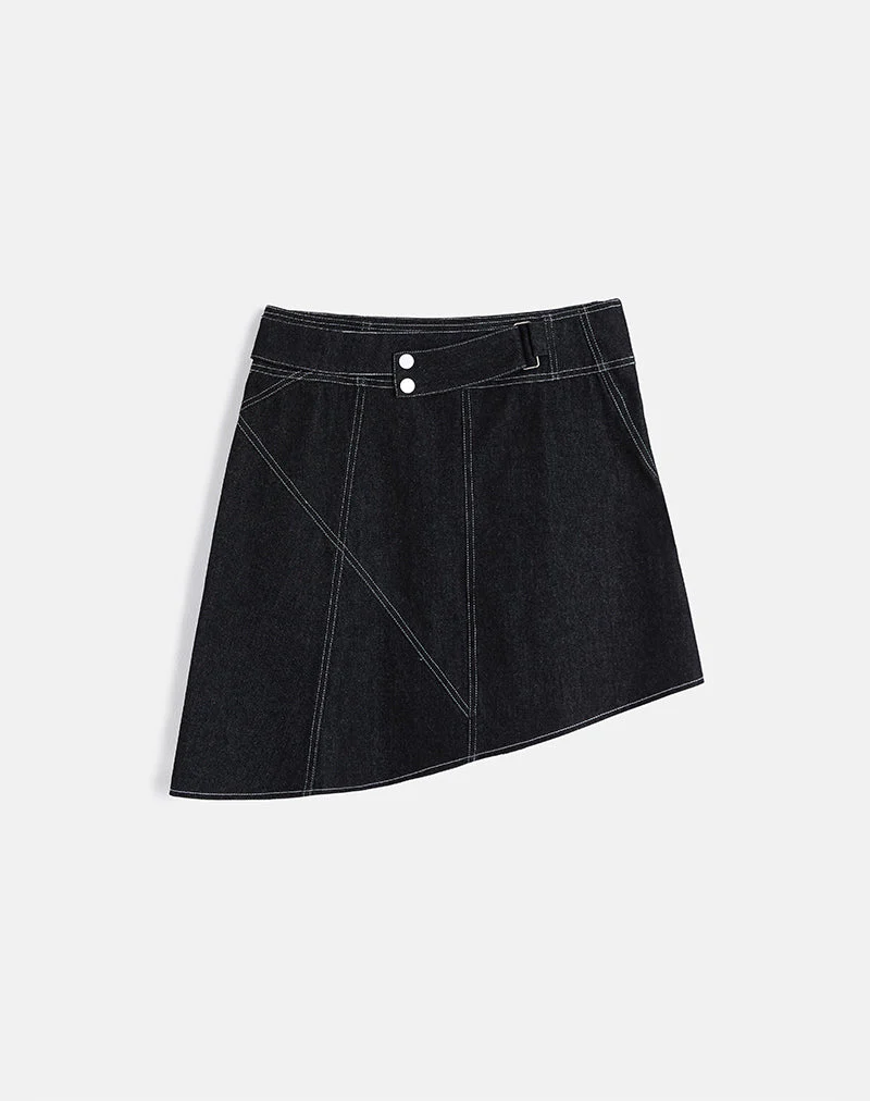 Hayashi Asymmetrical Midi Skirt in Denim Black Wash - Image 3