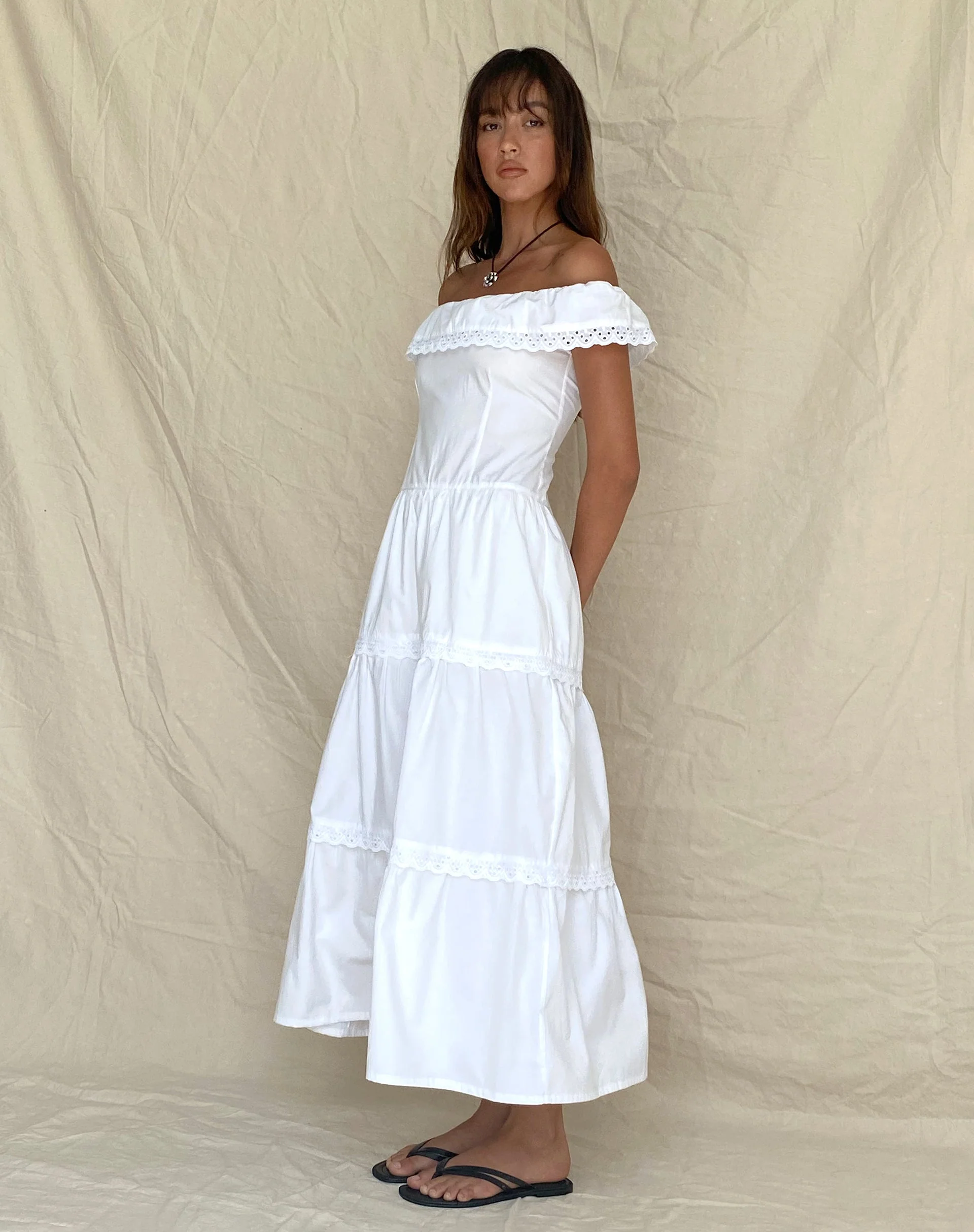 Helpa Tiered Bardot Maxi Dress in White - Image 7