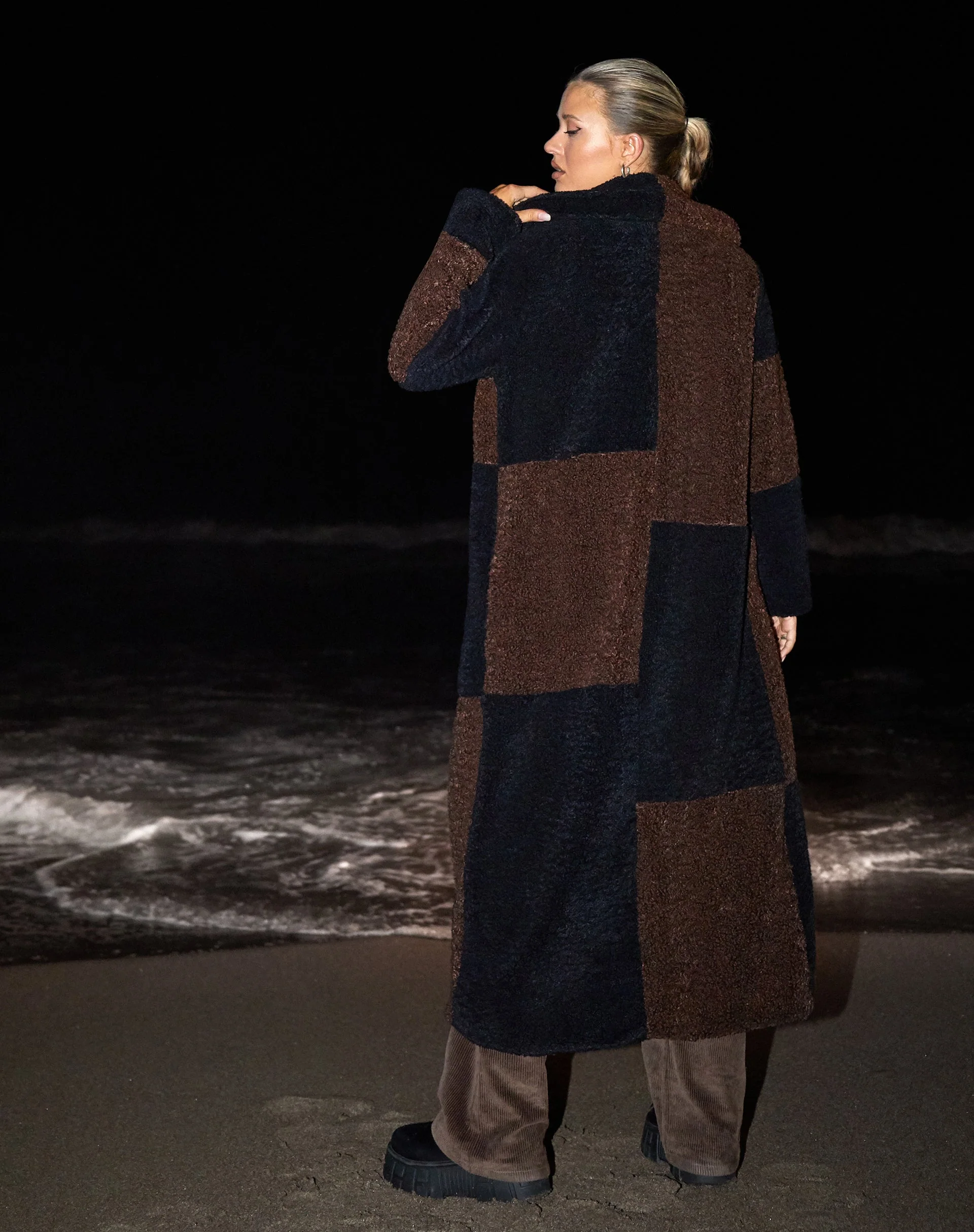 Humus Teddy Coat in Panelled Chocolate and Black - Image 2