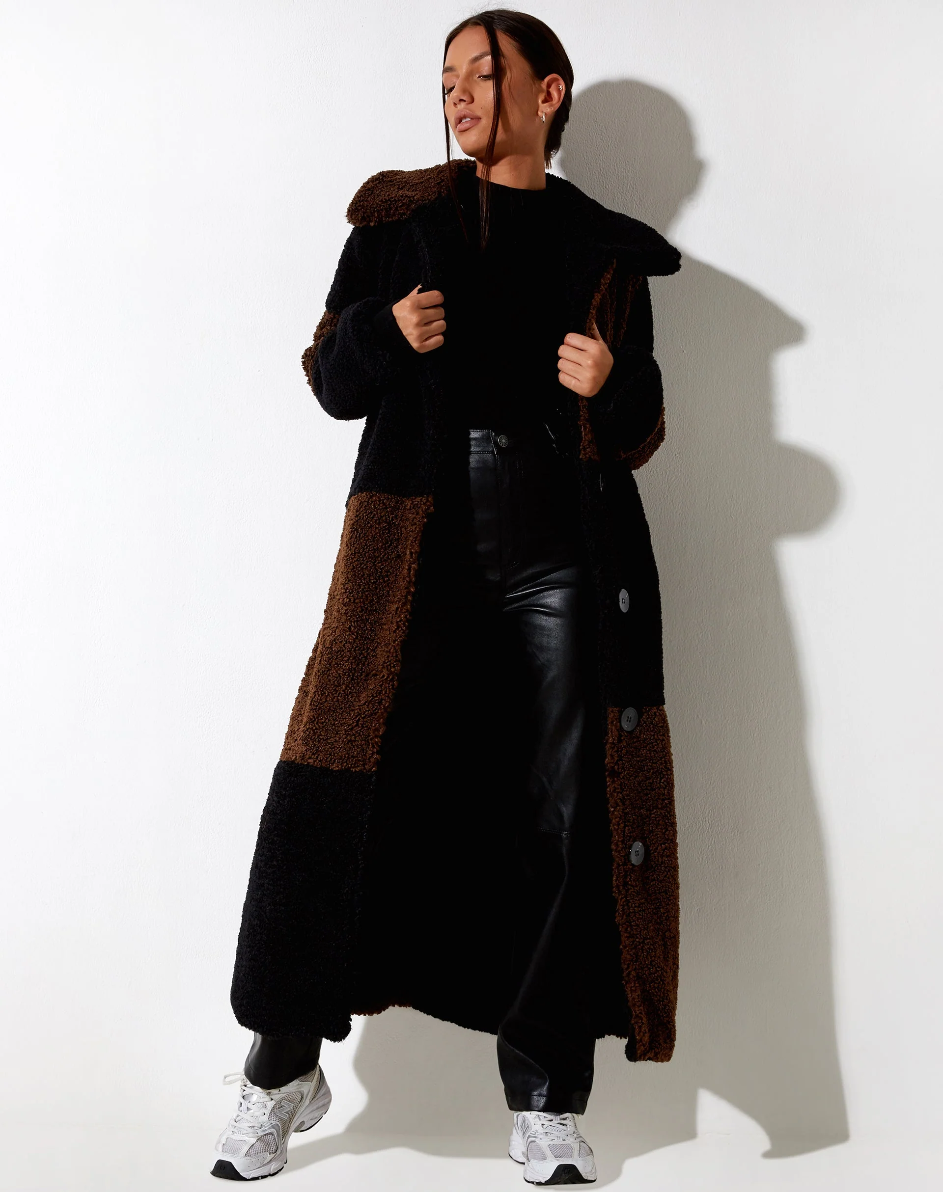 Humus Teddy Coat in Panelled Chocolate and Black - Image 3