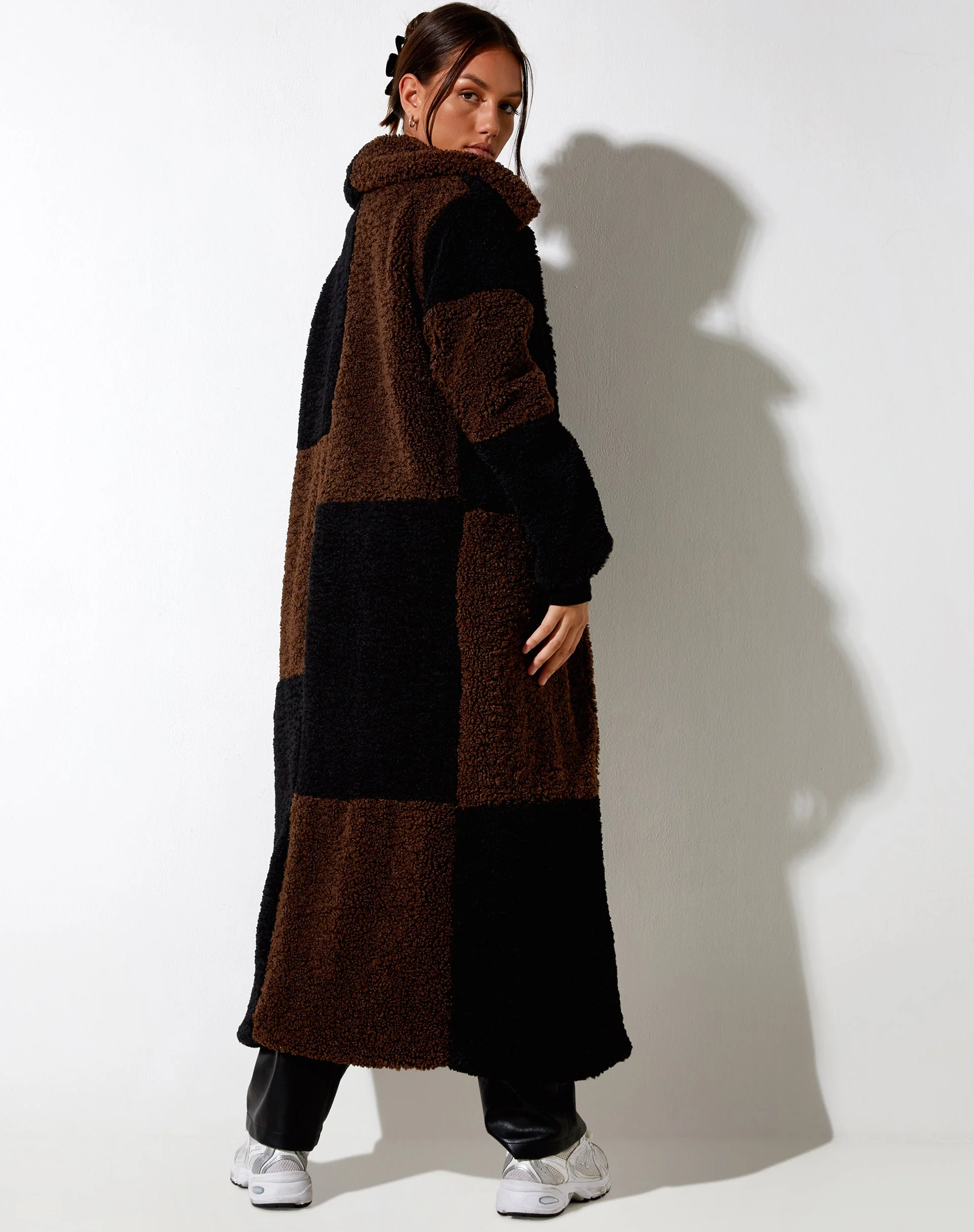 Humus Teddy Coat in Panelled Chocolate and Black - Image 4