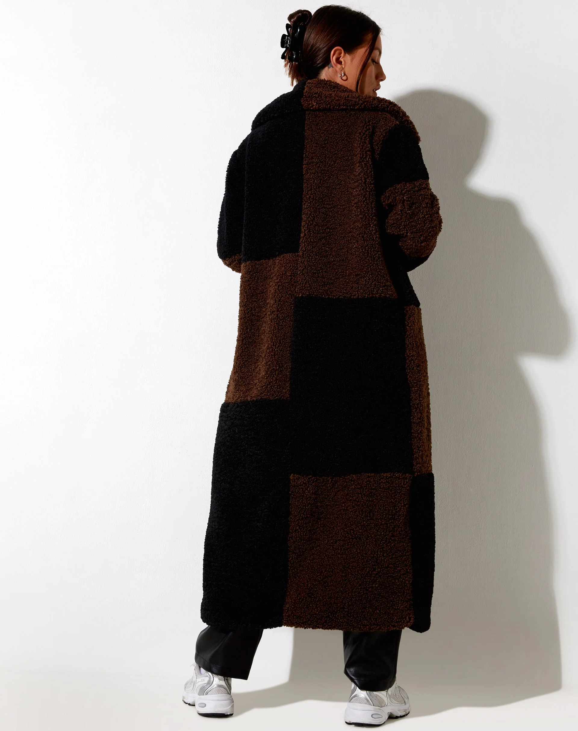 Humus Teddy Coat in Panelled Chocolate and Black - Image 5