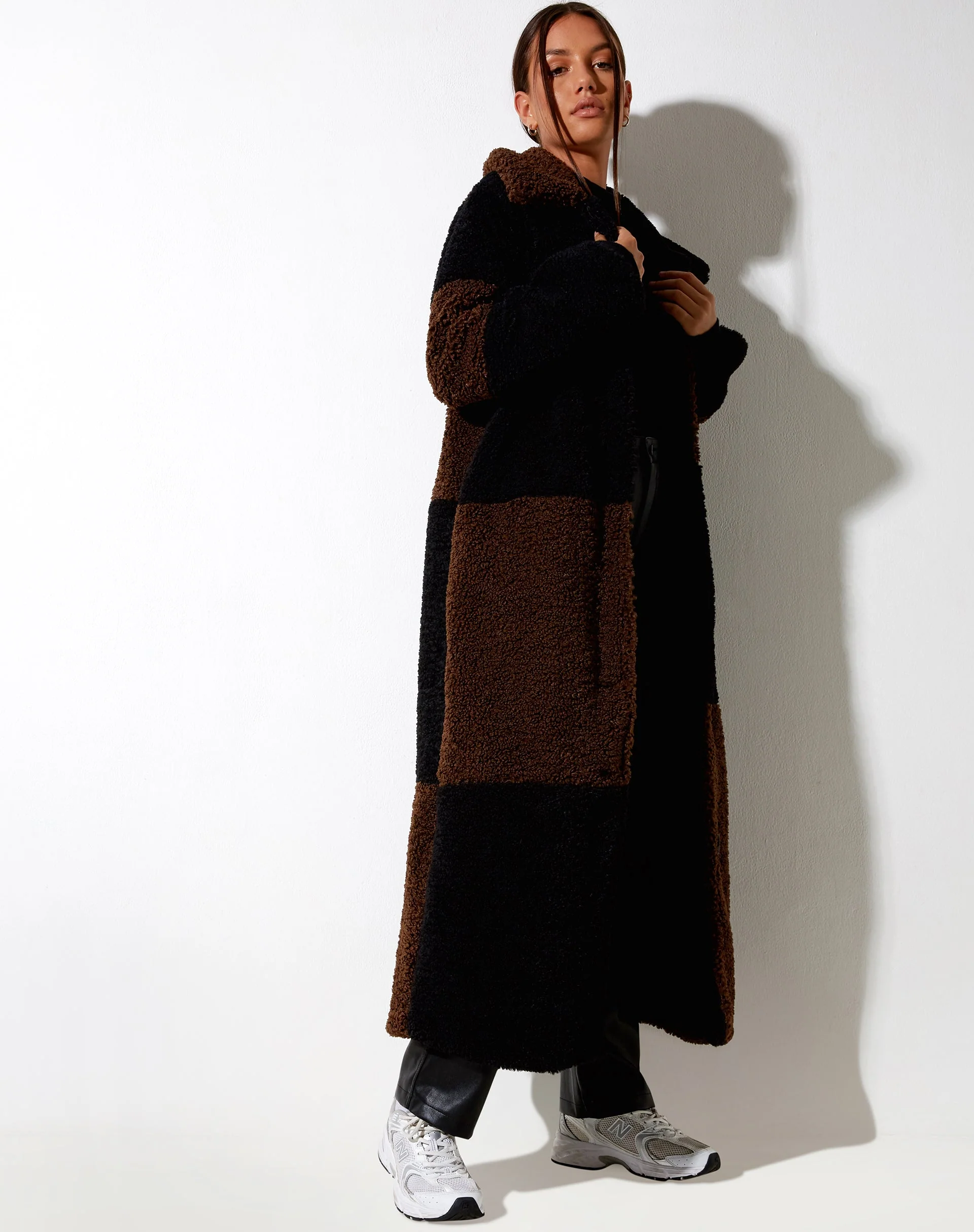 Humus Teddy Coat in Panelled Chocolate and Black - Image 6
