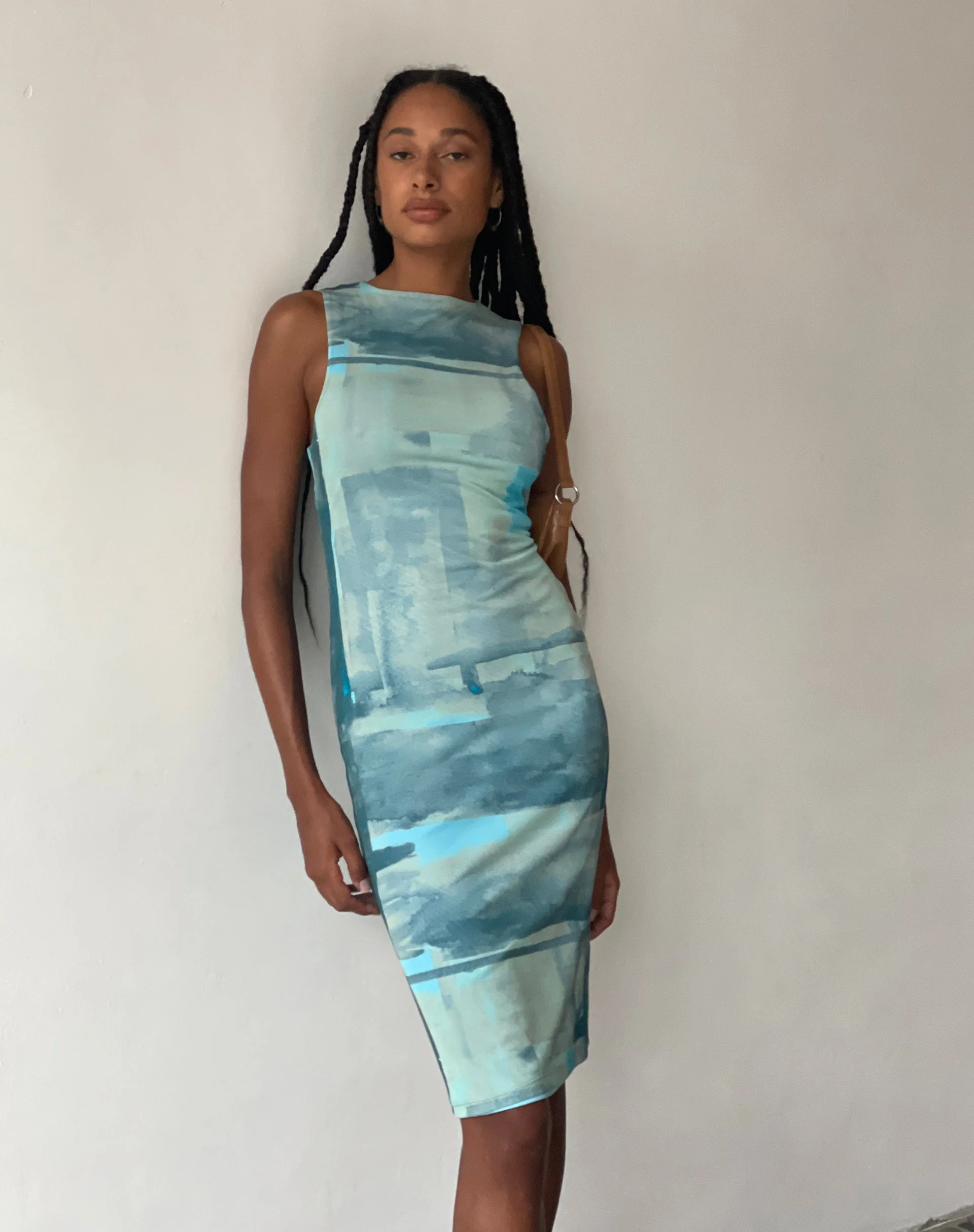 MOTEL X JACQUIE Indie Midi Dress in Mesh Green and Blue Abstract Paint Brush - Image 3