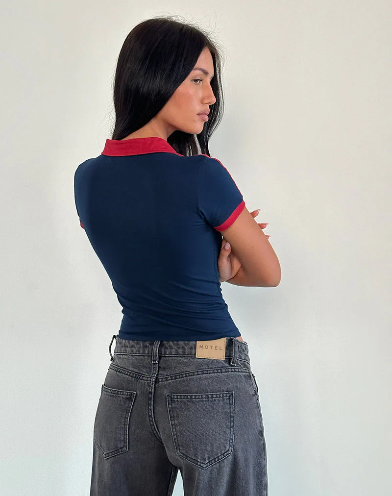Isda Top in Navy with Adrenaline Red Binding and M Embroidery - Image 8
