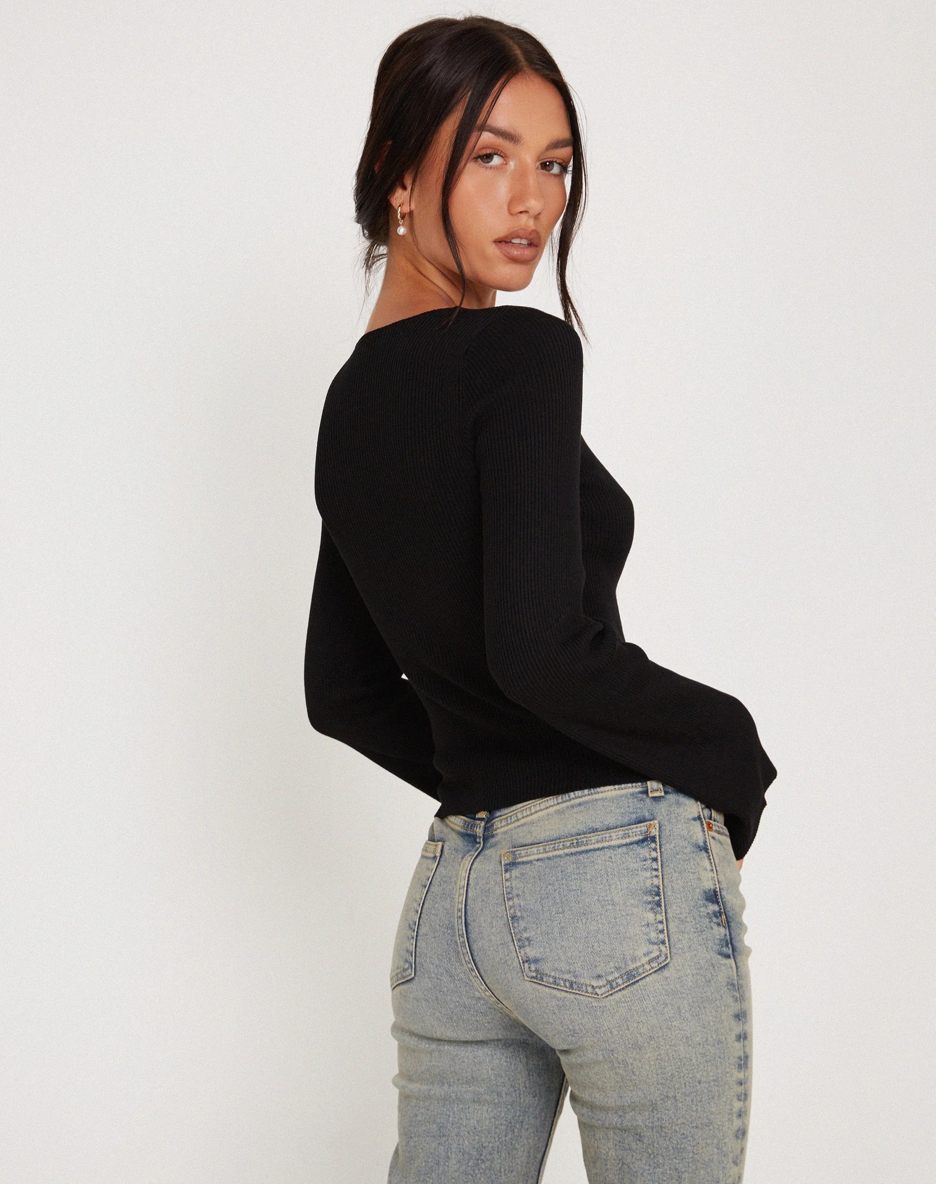 Issey Long Sleeve Lace up Top in Black - Image 3