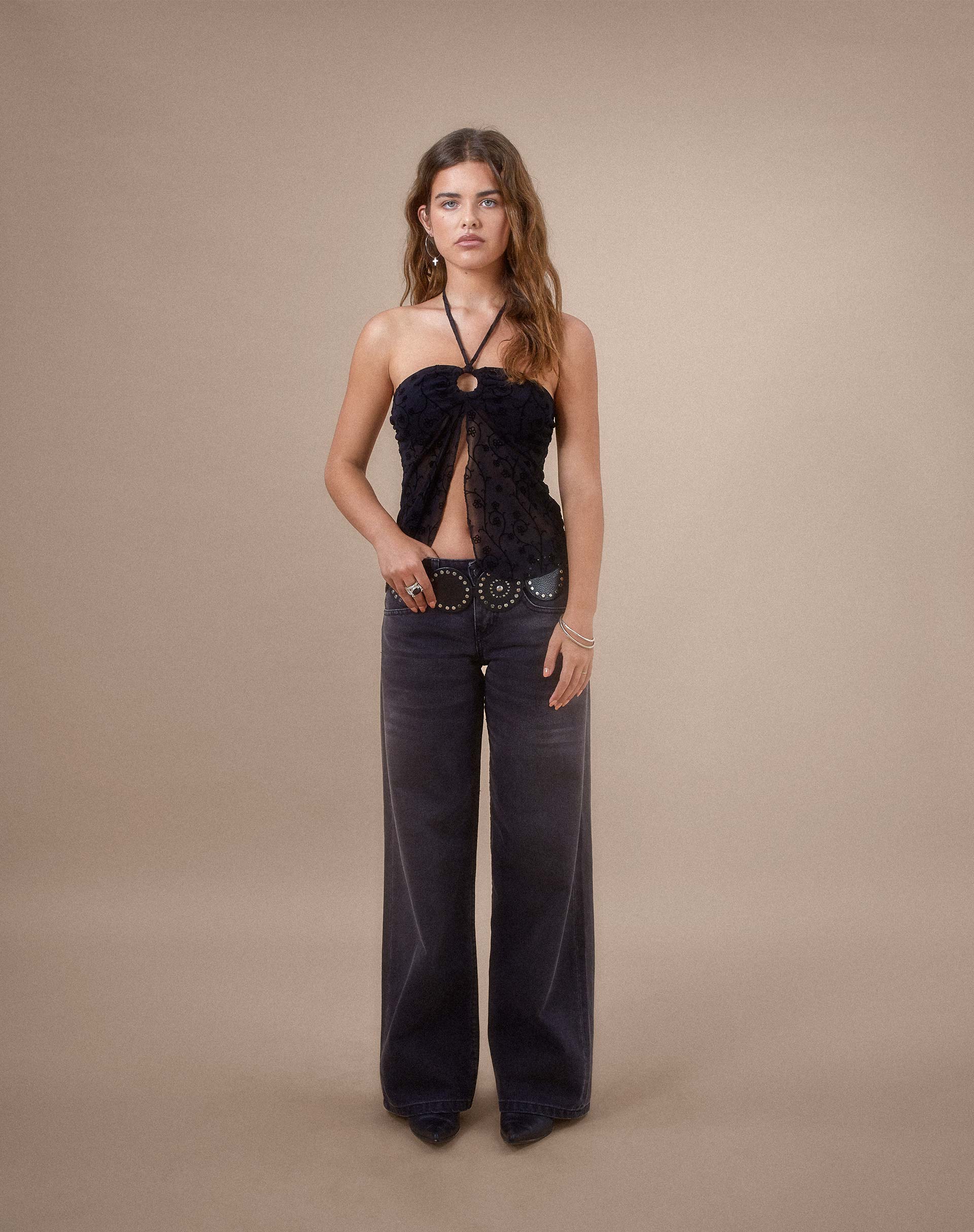 Janar Halterneck Top in Black Dainty Floral Flock - Image 4