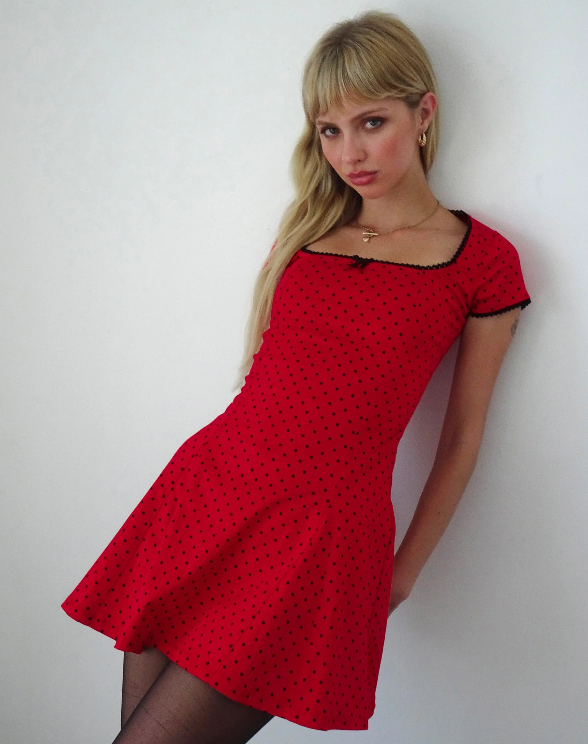 Jinae Pleat Detail Mini Dress in Red Polka Sateen - Image 3