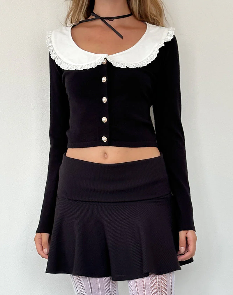 Jodine Knitted Cardigan in Black with White Frill - Image 2
