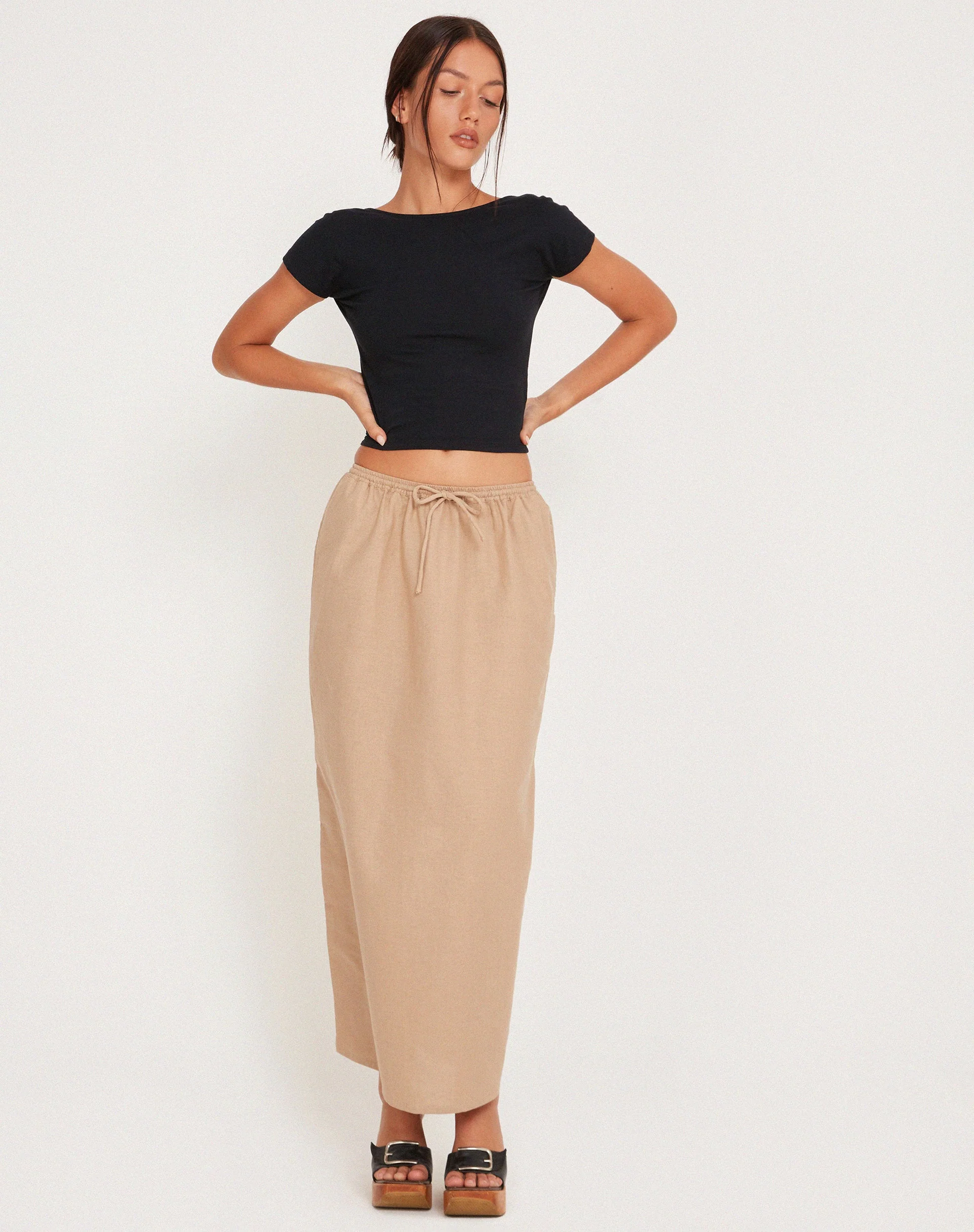 MOTEL X JACQUIE Joelene Tie Waist Maxi Skirt in Light Taupe - Image 3