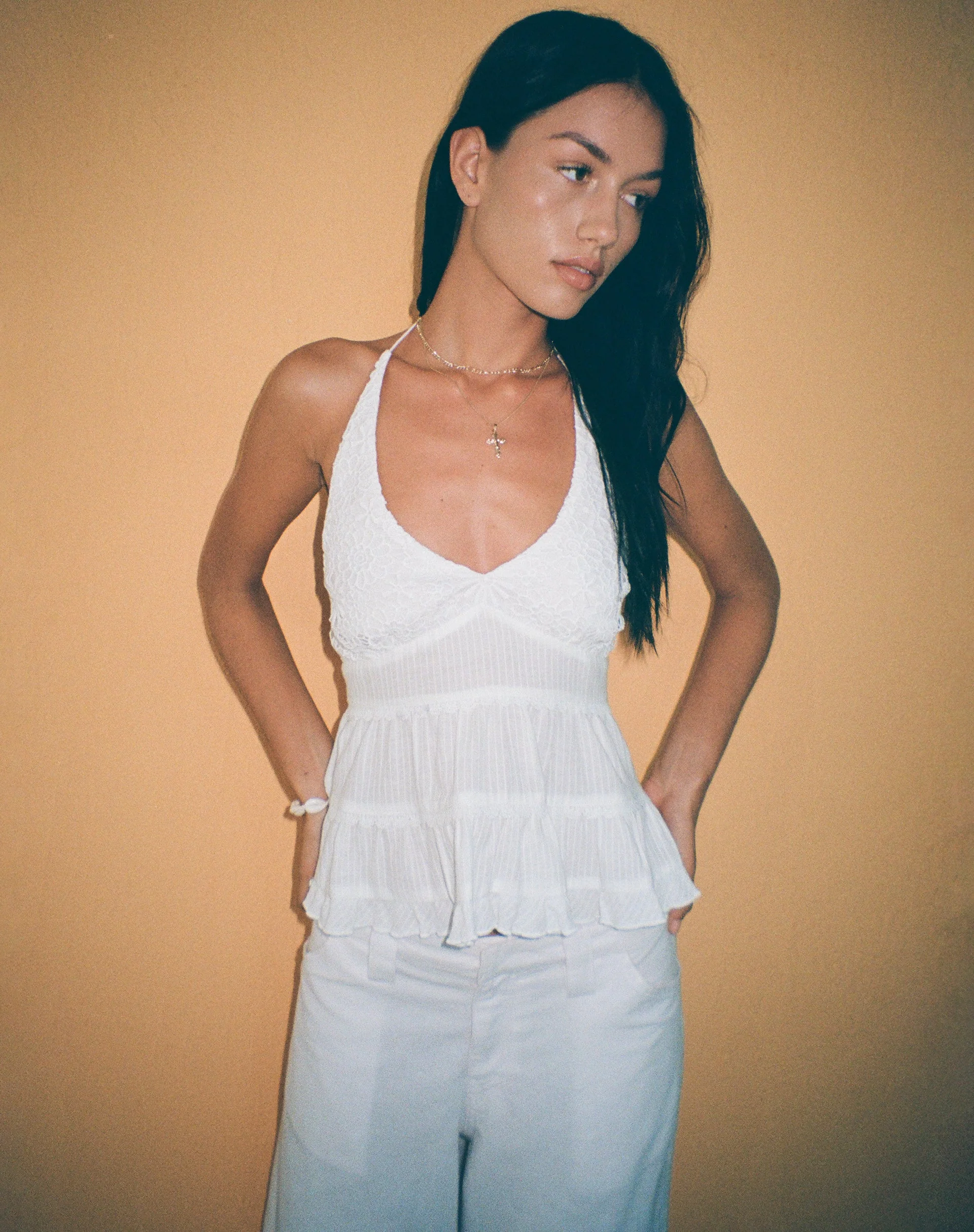 Juanita Frill Halterneck Top in Crochet White - Image 3