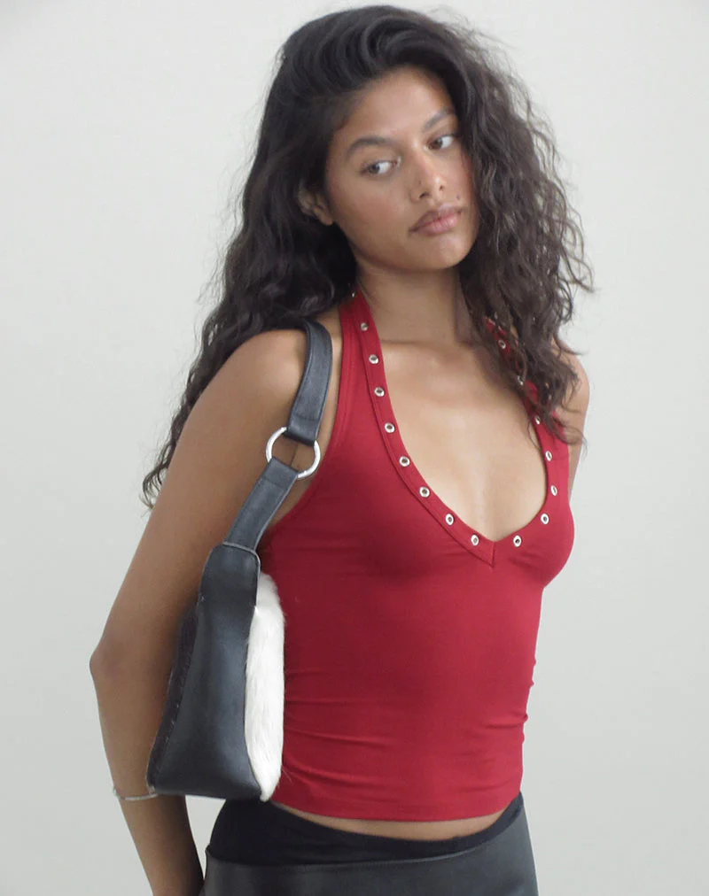 Jugo Halterneck Top in Adrenaline Red with Eyelets - Image 2