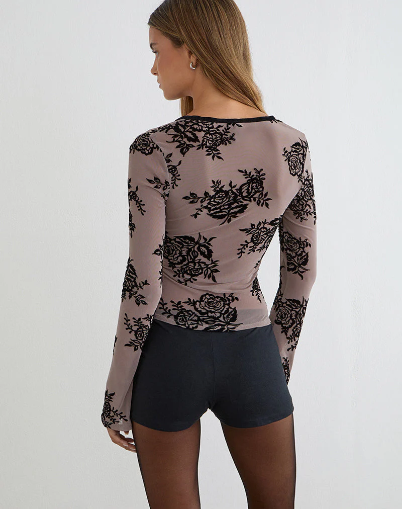 Jumah Top in Taupe Grey with Bold Floral Flock - Image 3