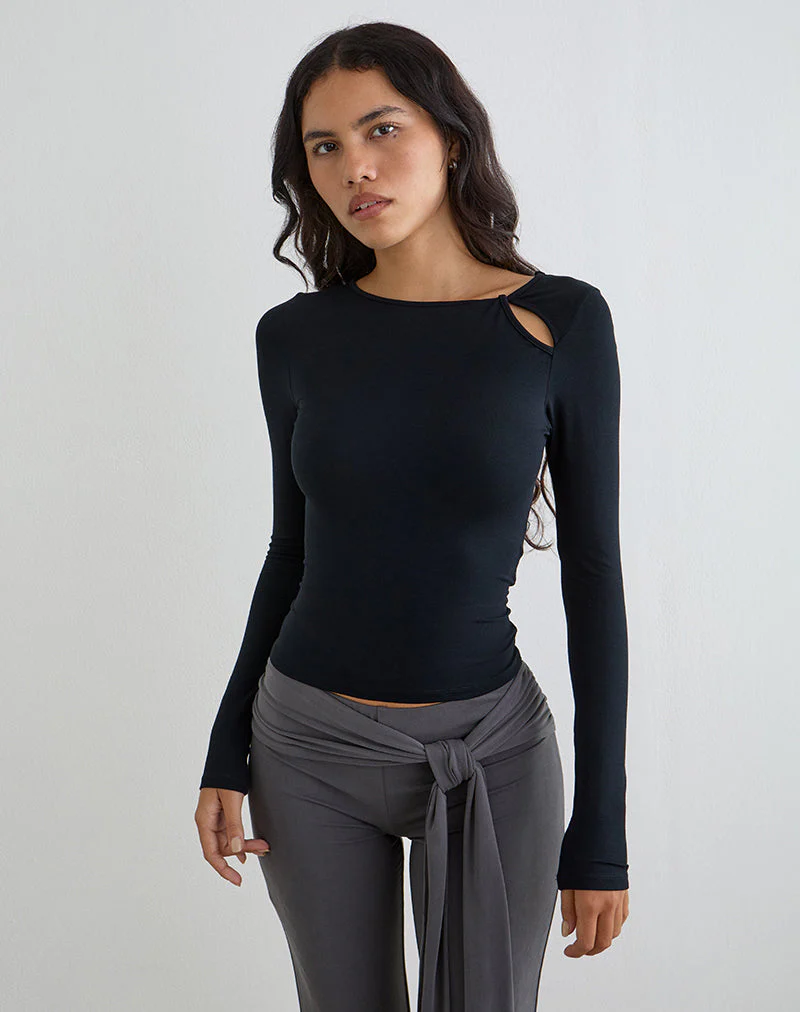 Kalais Long Sleeve Twisted Neckline Top in Black - Image 5
